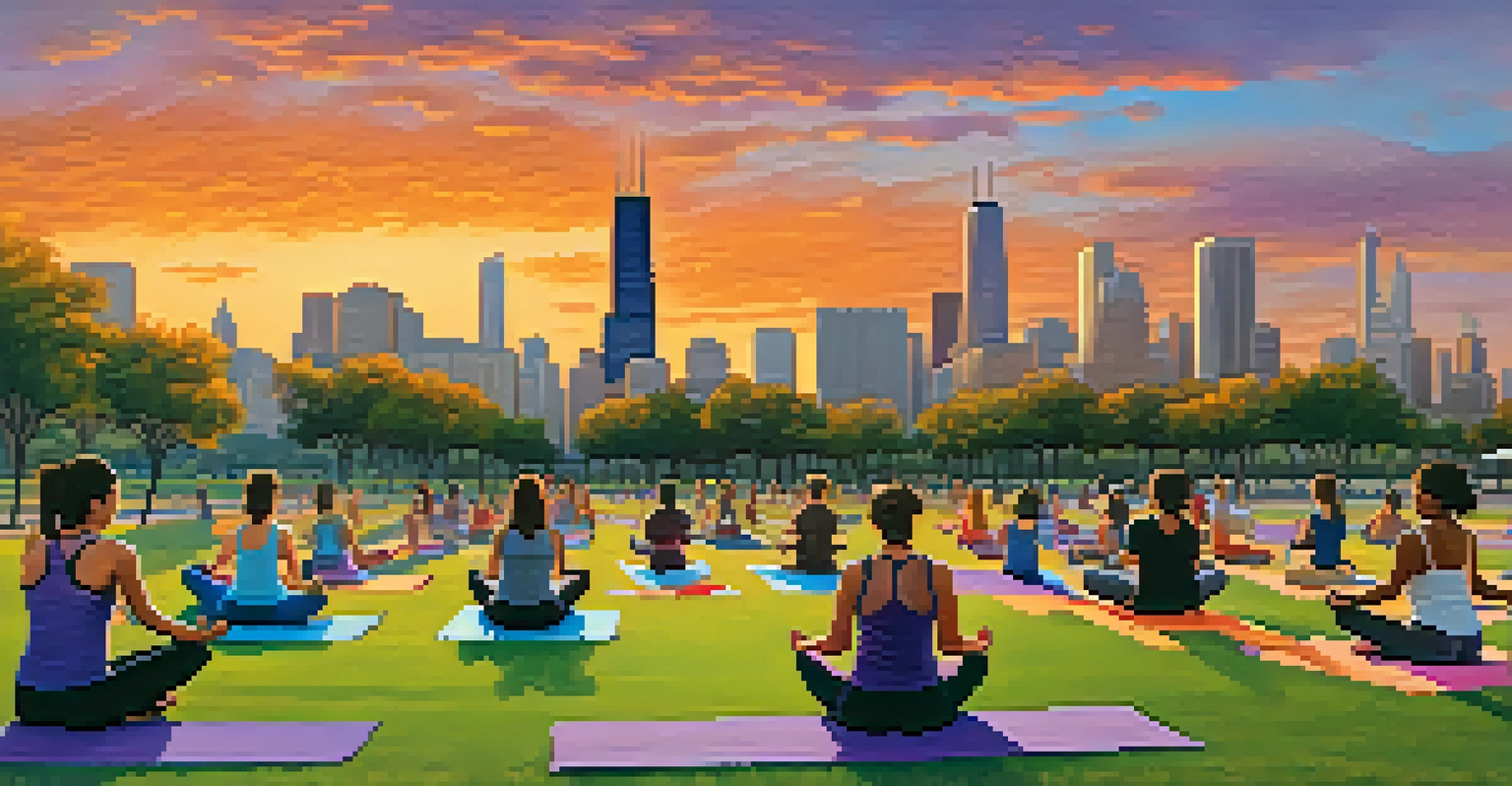 A community yoga class at sunset in a Chicago park, with participants on colorful mats and the city skyline in the background.