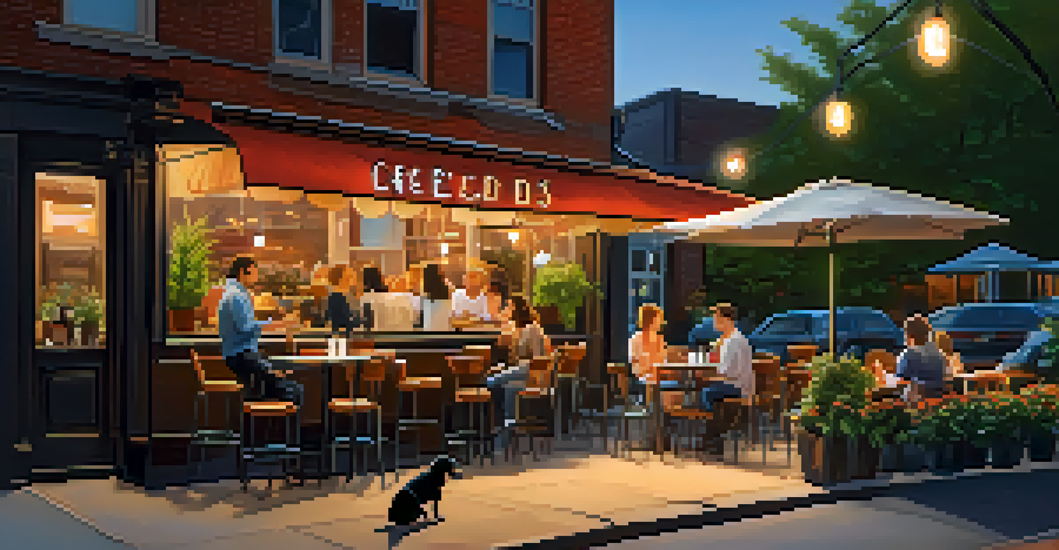 An outdoor café in Chicago with a person dining and a dog lying beside them, surrounded by a warm and inviting atmosphere.