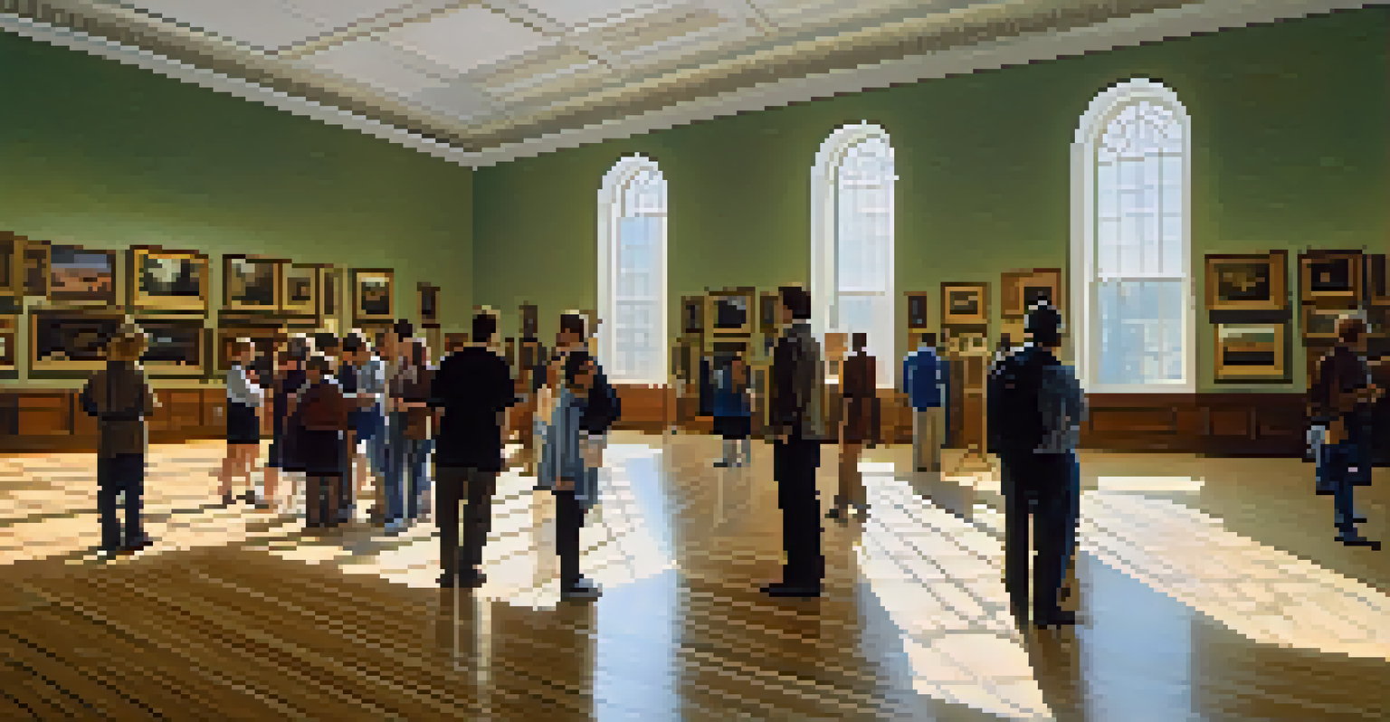 Inside the Art Institute of Chicago, visitors admire Grant Wood's 'American Gothic' in a grand hall filled with various artworks and natural light.