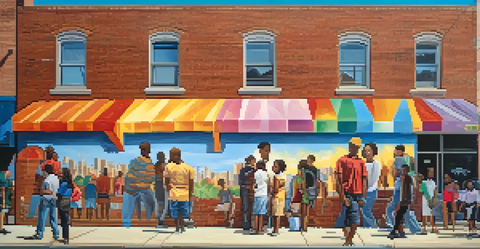 A lively street scene depicting colorful murals with diverse people admiring art and the Chicago skyline in the background.