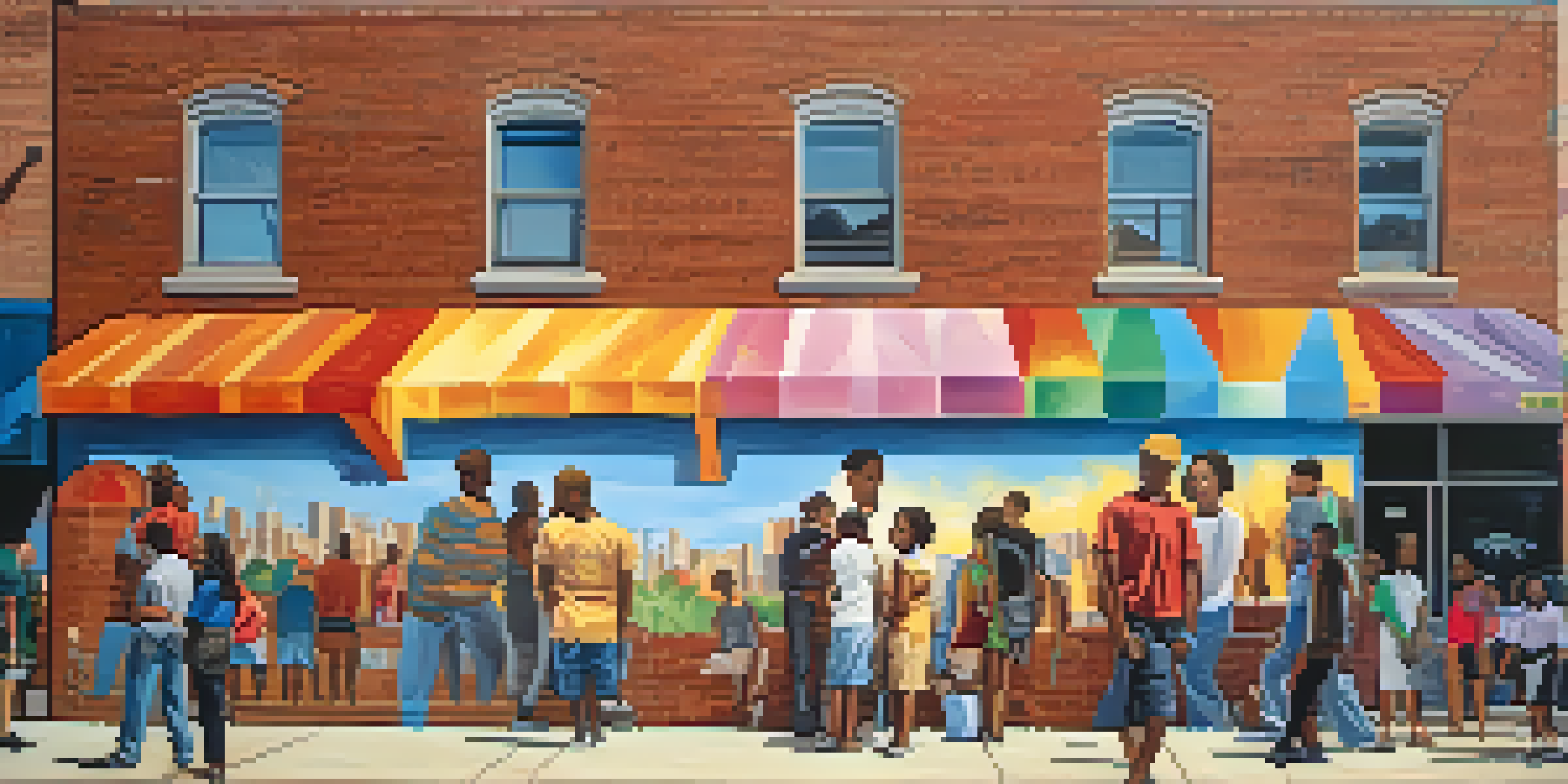 A lively street scene depicting colorful murals with diverse people admiring art and the Chicago skyline in the background.
