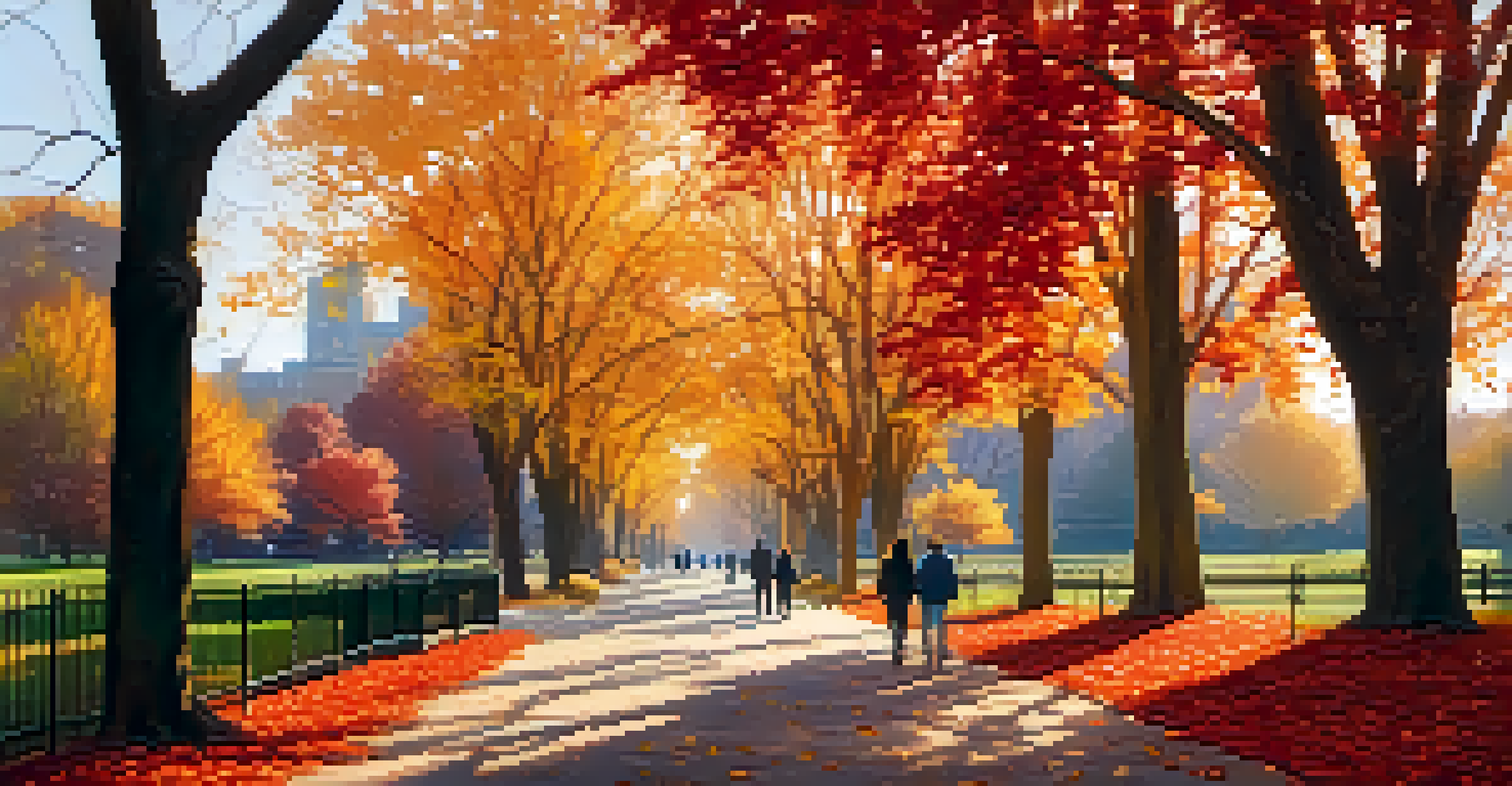A serene fall scene in Lincoln Park, with a couple walking along a path adorned with vibrant autumn leaves.