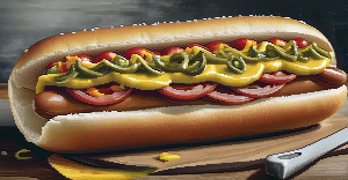 A Chicago-style hot dog with various colorful toppings in a poppy seed bun, placed on a wooden surface.