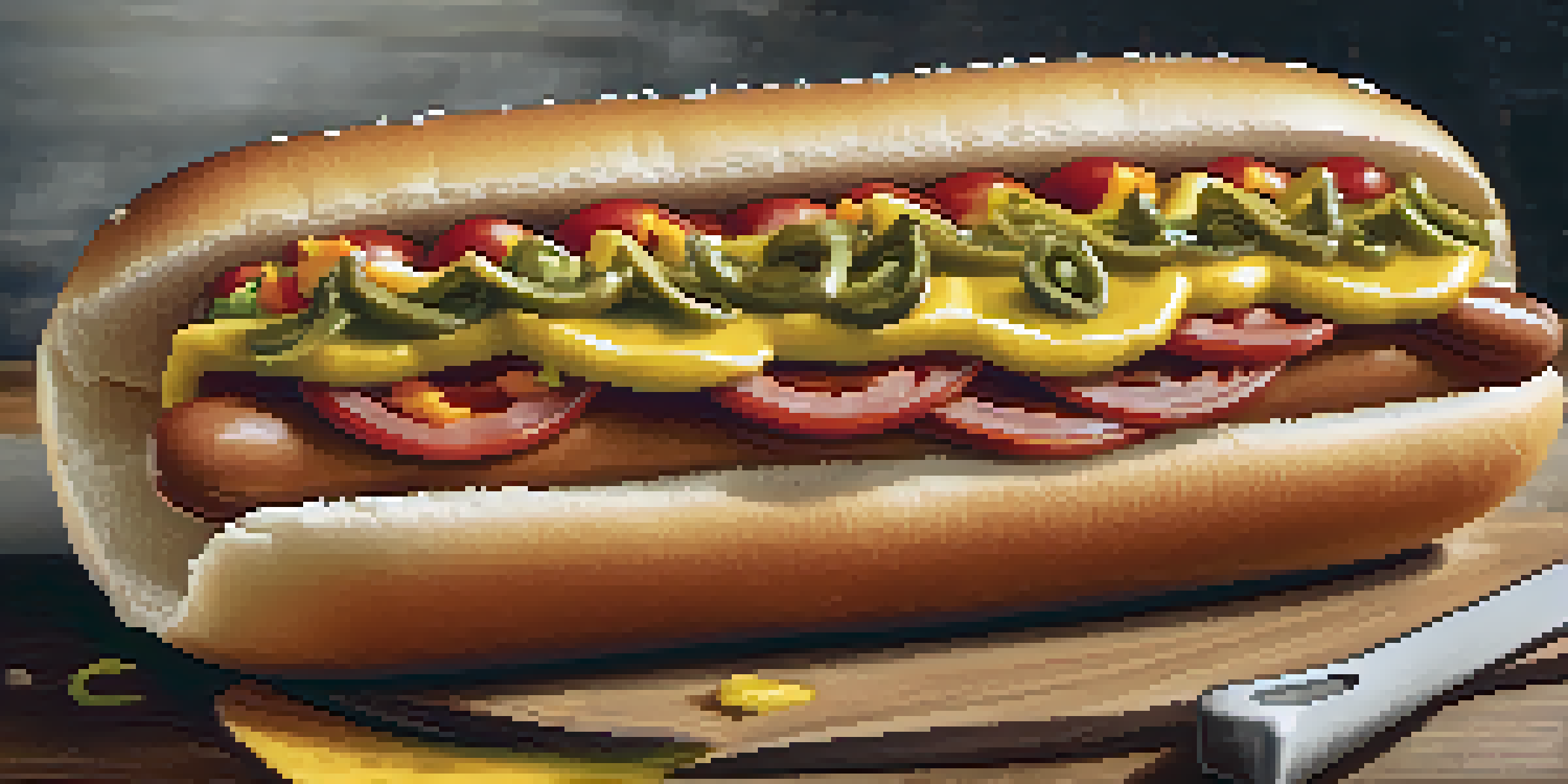 A Chicago-style hot dog with various colorful toppings in a poppy seed bun, placed on a wooden surface.