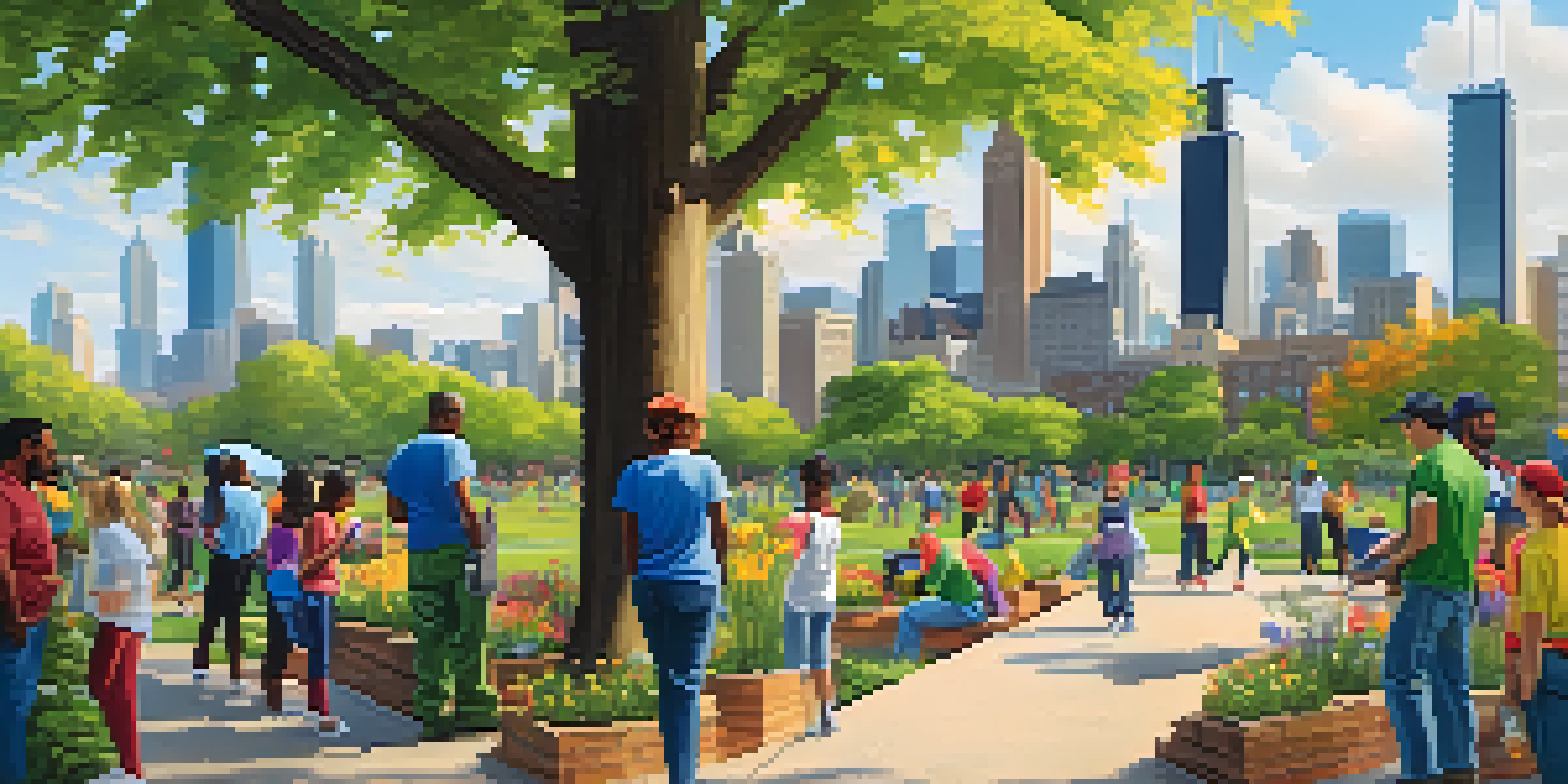A lively park in Chicago with diverse volunteers cleaning up, planting flowers, and engaging with each other, with the city skyline in the background.
