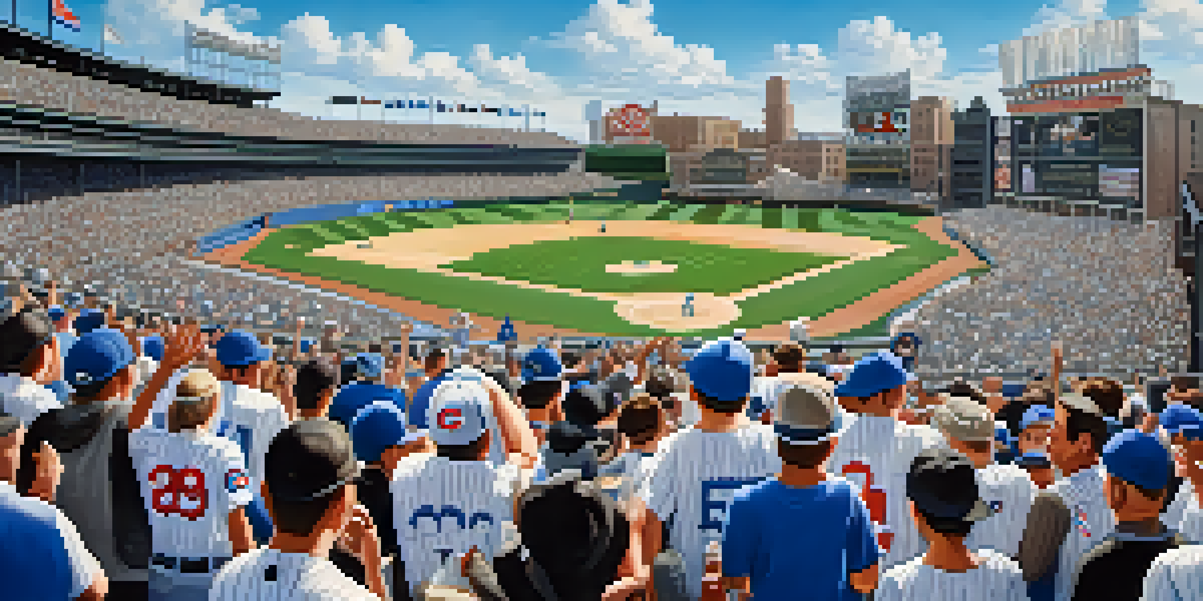 A colorful depiction of passionate Chicago Cubs and White Sox fans cheering at a baseball game, with Wrigley Field in the background.