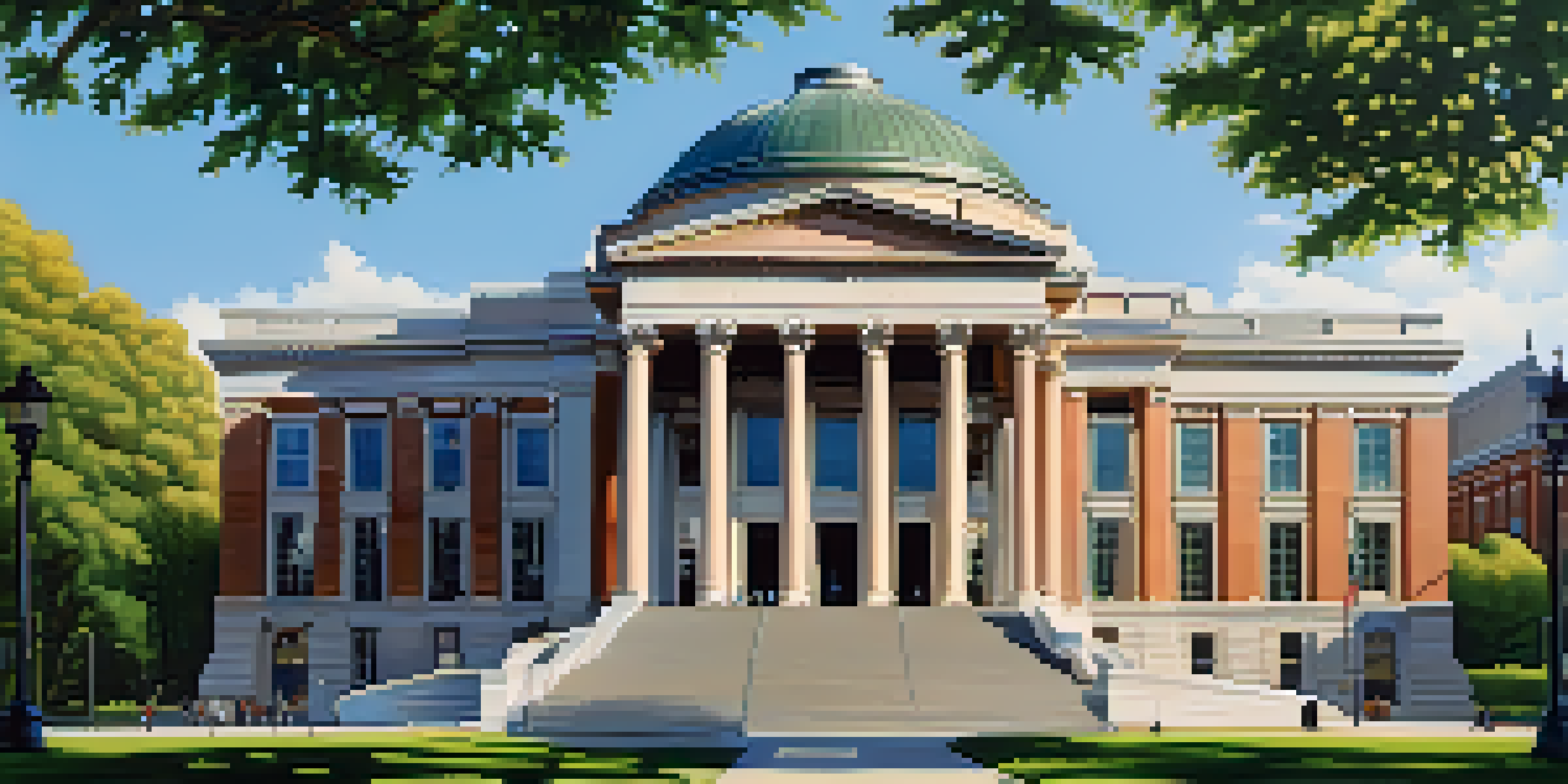 A view of the Museum of Science and Industry featuring its neoclassical architecture and large dome, surrounded by greenery and a clear sky.
