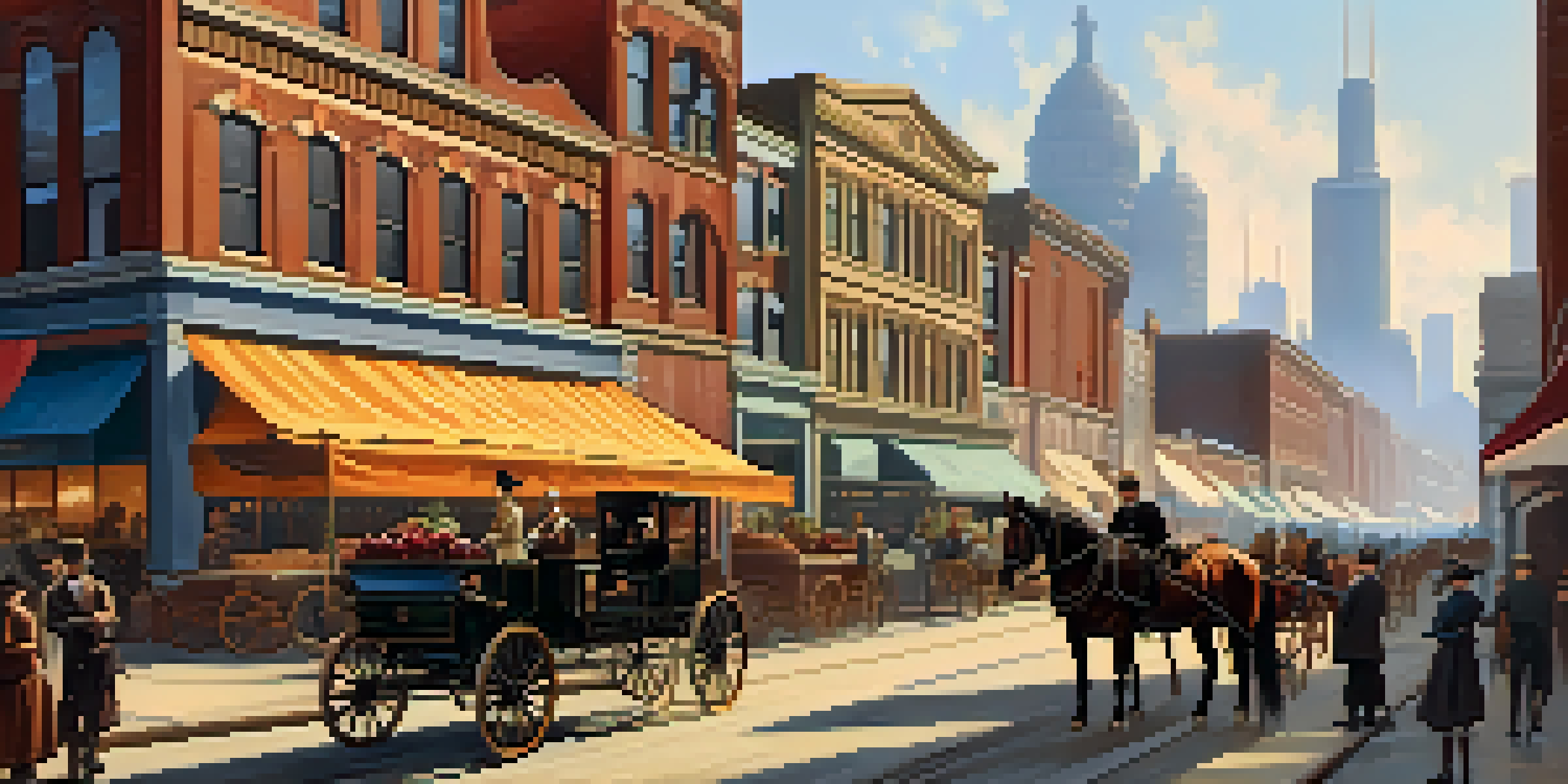 A busy 19th-century Chicago street with horse-drawn carriages, vendors, and period-dressed people, under warm afternoon light.