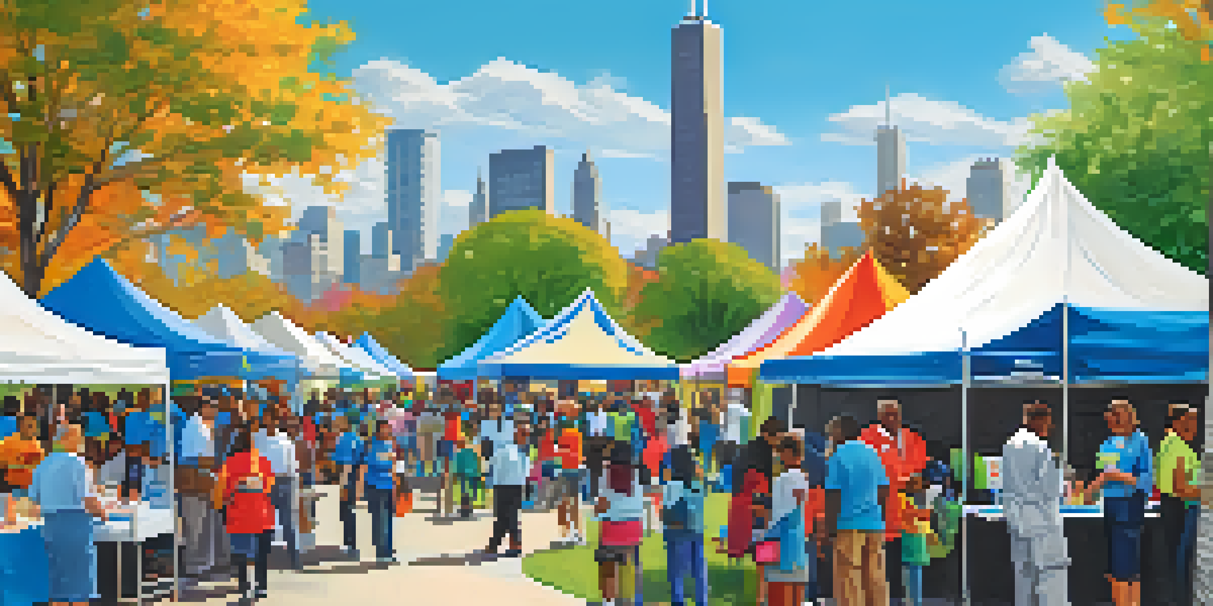 A lively community health fair in a Chicago park with diverse families interacting with healthcare professionals and colorful booths.