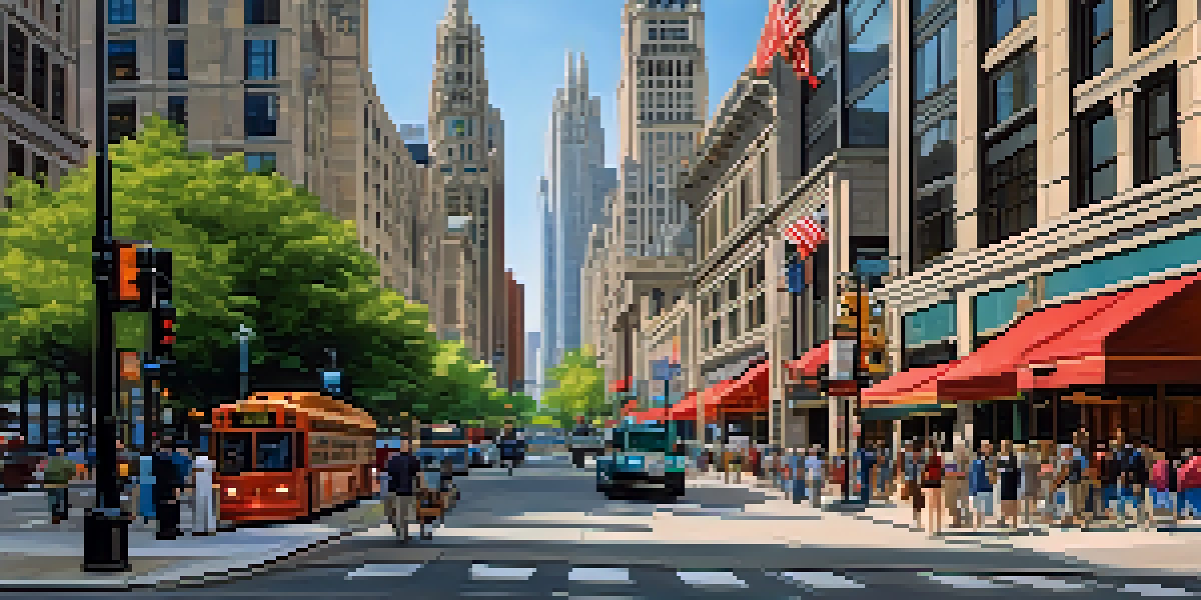 A bustling street scene of the Magnificent Mile in Chicago, featuring a mix of historic and modern architecture, with pedestrians and colorful storefronts.
