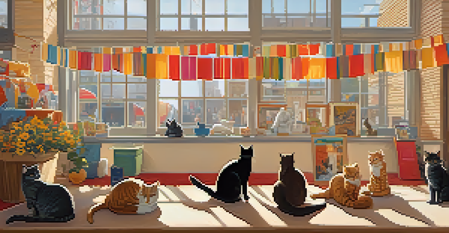 A warm and inviting cat festival scene with cats in an adoption area and cheerful vendors.