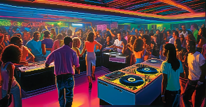 A lively nightclub scene in Chicago during the 1980s with diverse dancers and a DJ booth illuminated by neon lights.