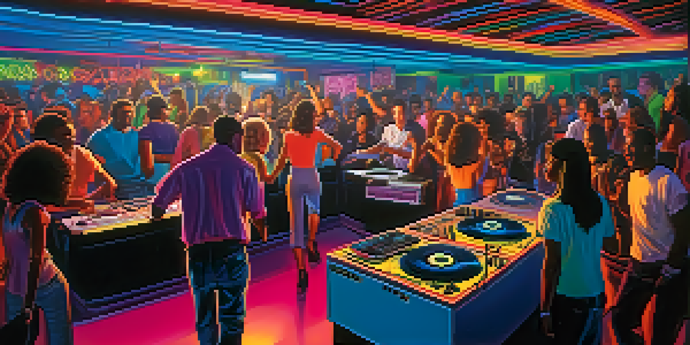 A lively nightclub scene in Chicago during the 1980s with diverse dancers and a DJ booth illuminated by neon lights.