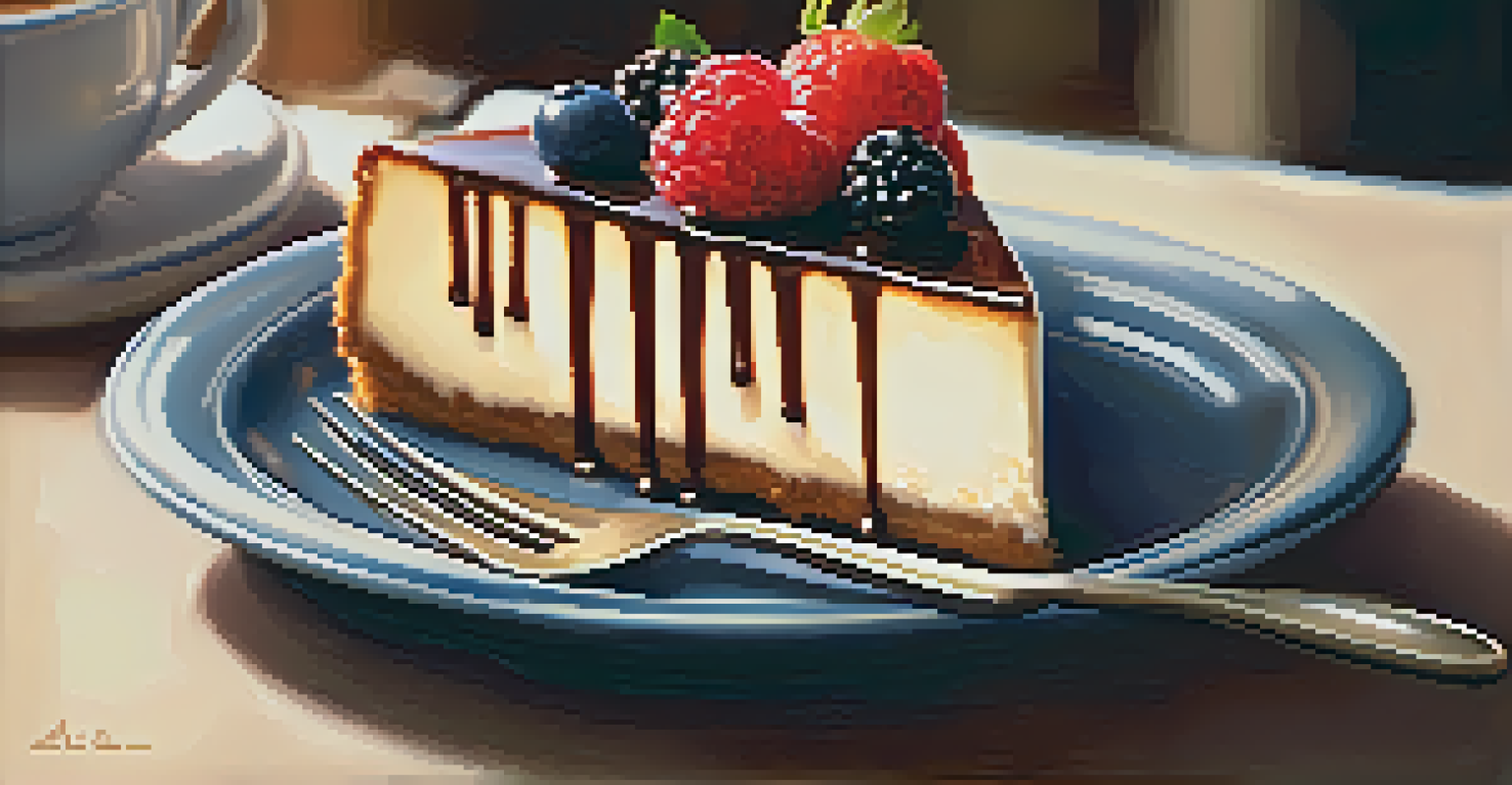A slice of Chicago-style cheesecake with berries and chocolate drizzle on a plate.