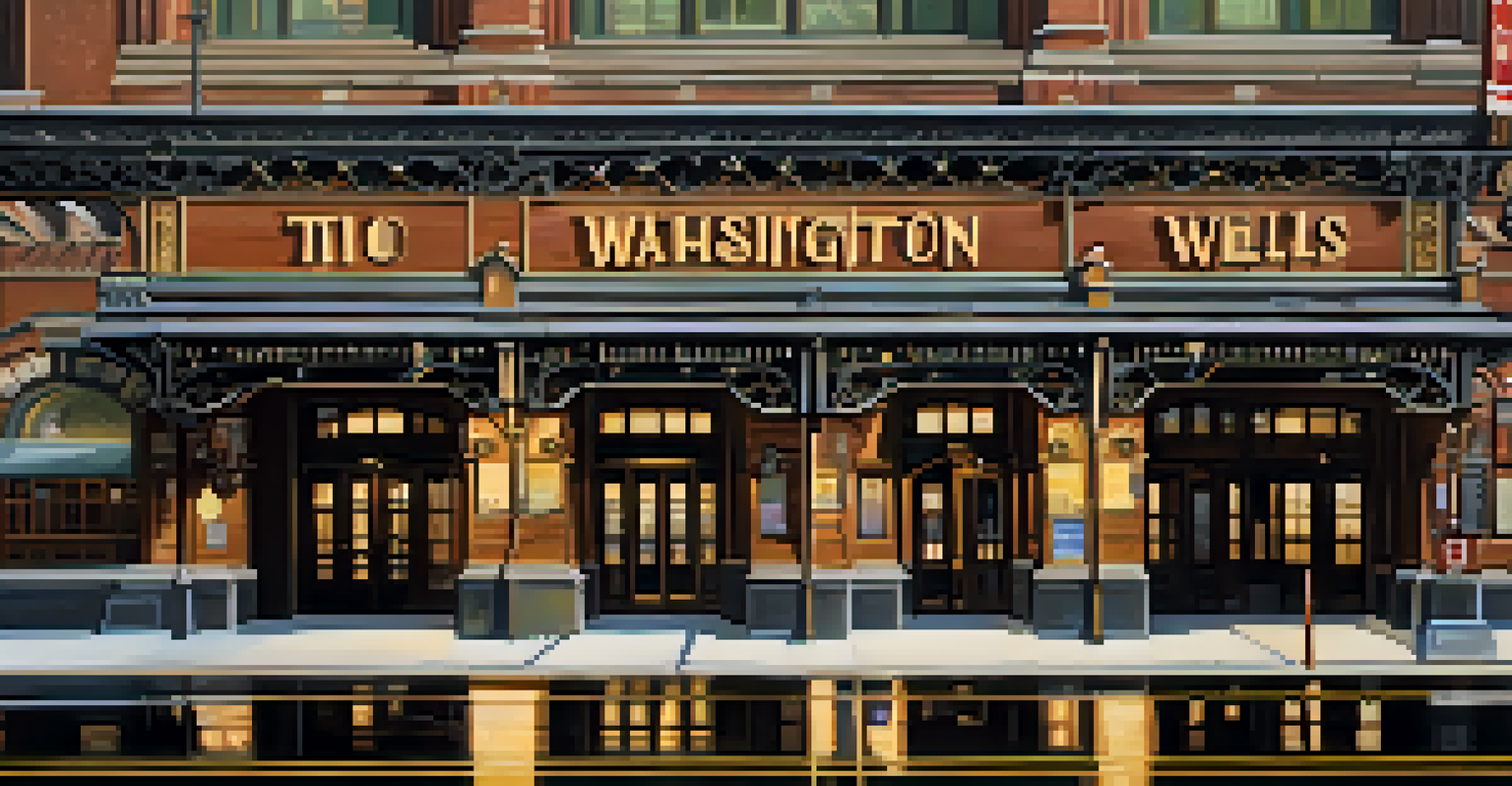 Close-up of the historic Washington/Wells station, highlighting ornate ironwork, wooden benches, and vintage signage, all illuminated softly.