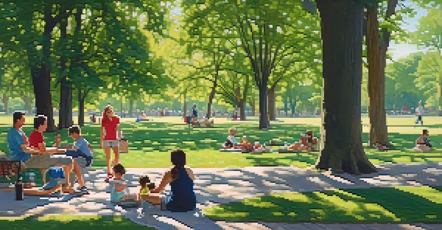 A peaceful park scene in Washington Park, with families picnicking, joggers on pathways, and sunlight filtering through trees.
