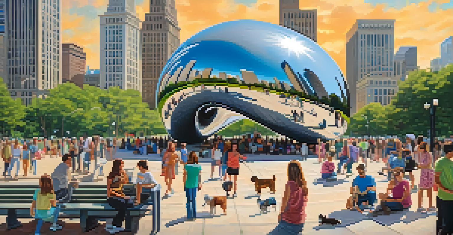 A vibrant day at Millennium Park with dogs and owners enjoying the flowers and the Cloud Gate sculpture.