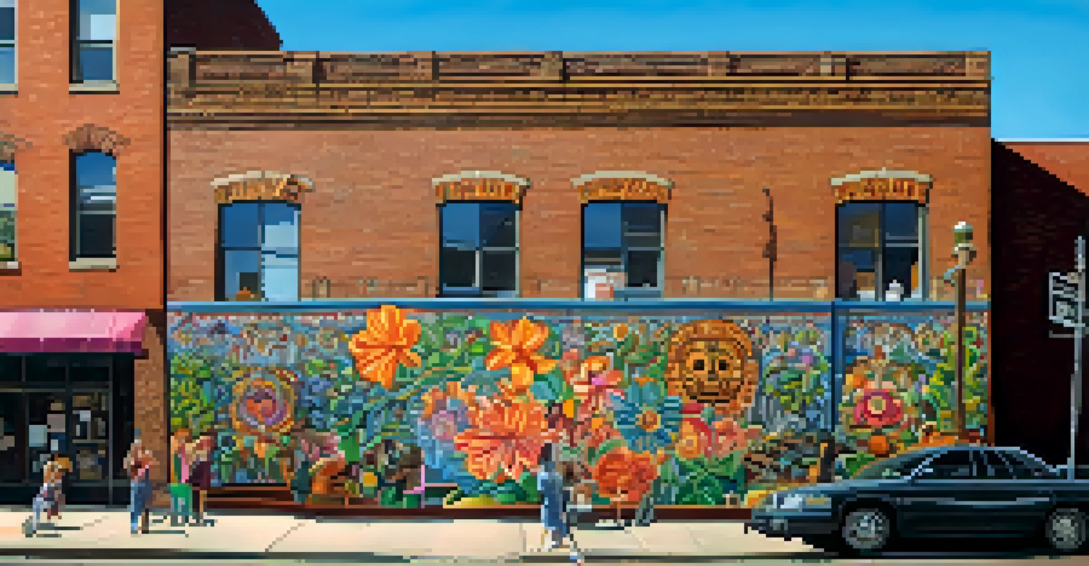 An intricate mural on a brick wall in Pilsen, showcasing Mexican heritage, surrounded by blooming flowers and street vendors, illuminated by soft afternoon light.