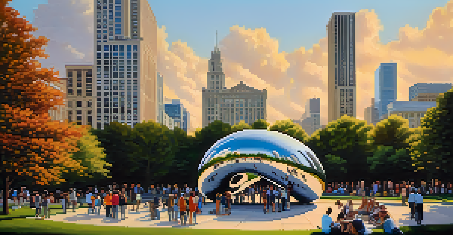 Visitors interacting with the Cloud Gate sculpture in Chicago, with the skyline reflecting in its surface during sunset.
