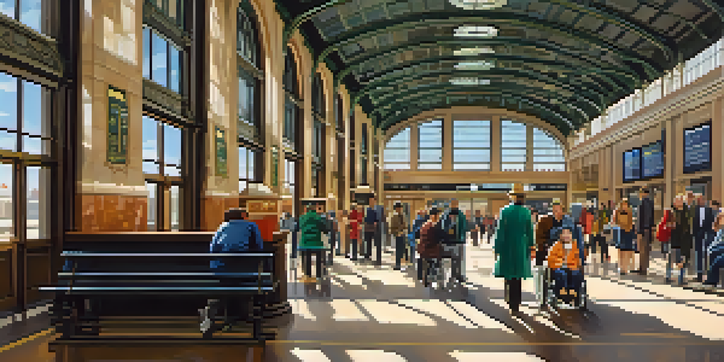 A busy Chicago train station with visible accessibility features. A person in a wheelchair is assisted by a bus driver, with diverse passengers around them and sunlight illuminating the space.