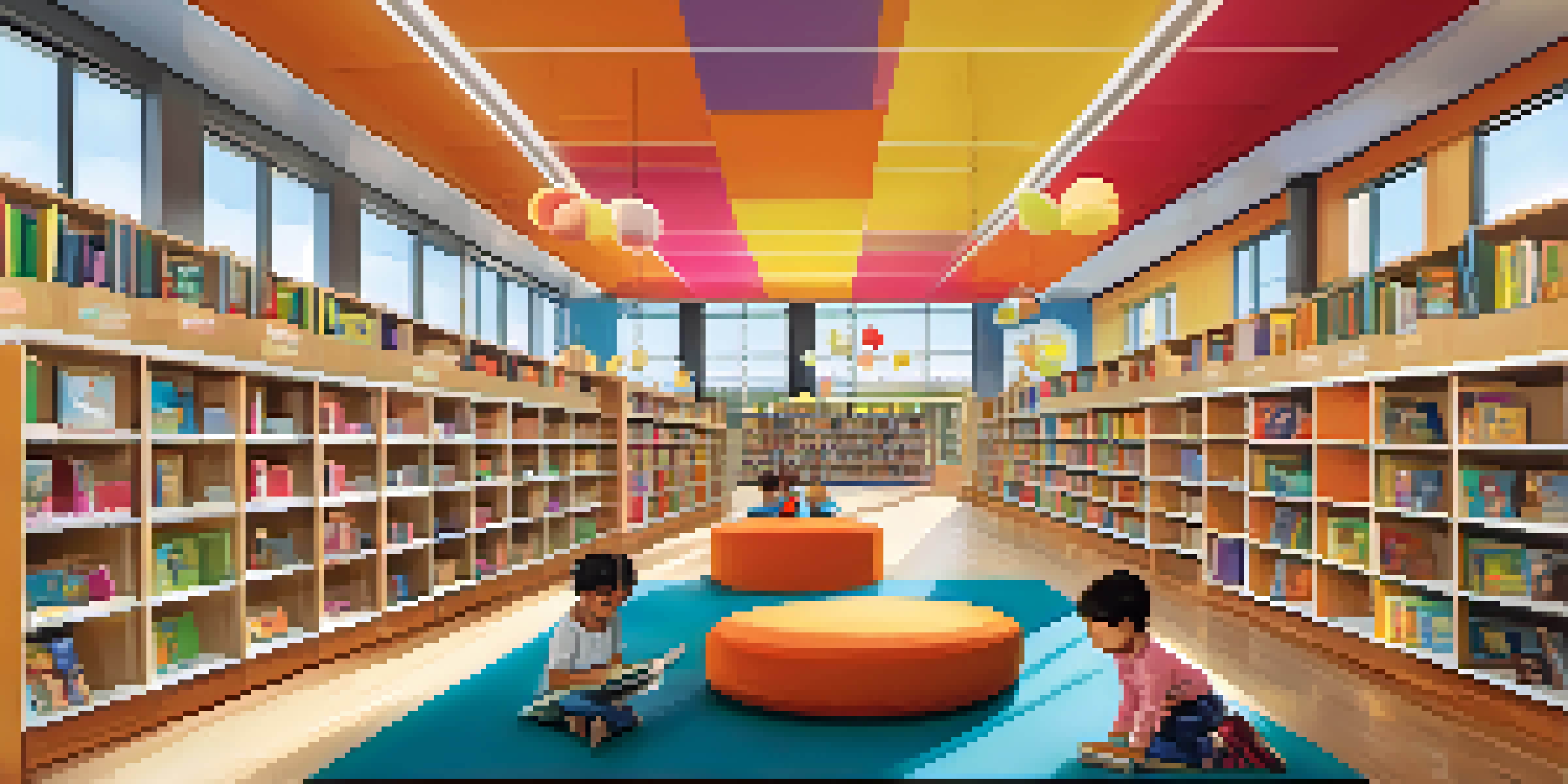 A children's library with colorful bookshelves and children enjoying storytime with a librarian.