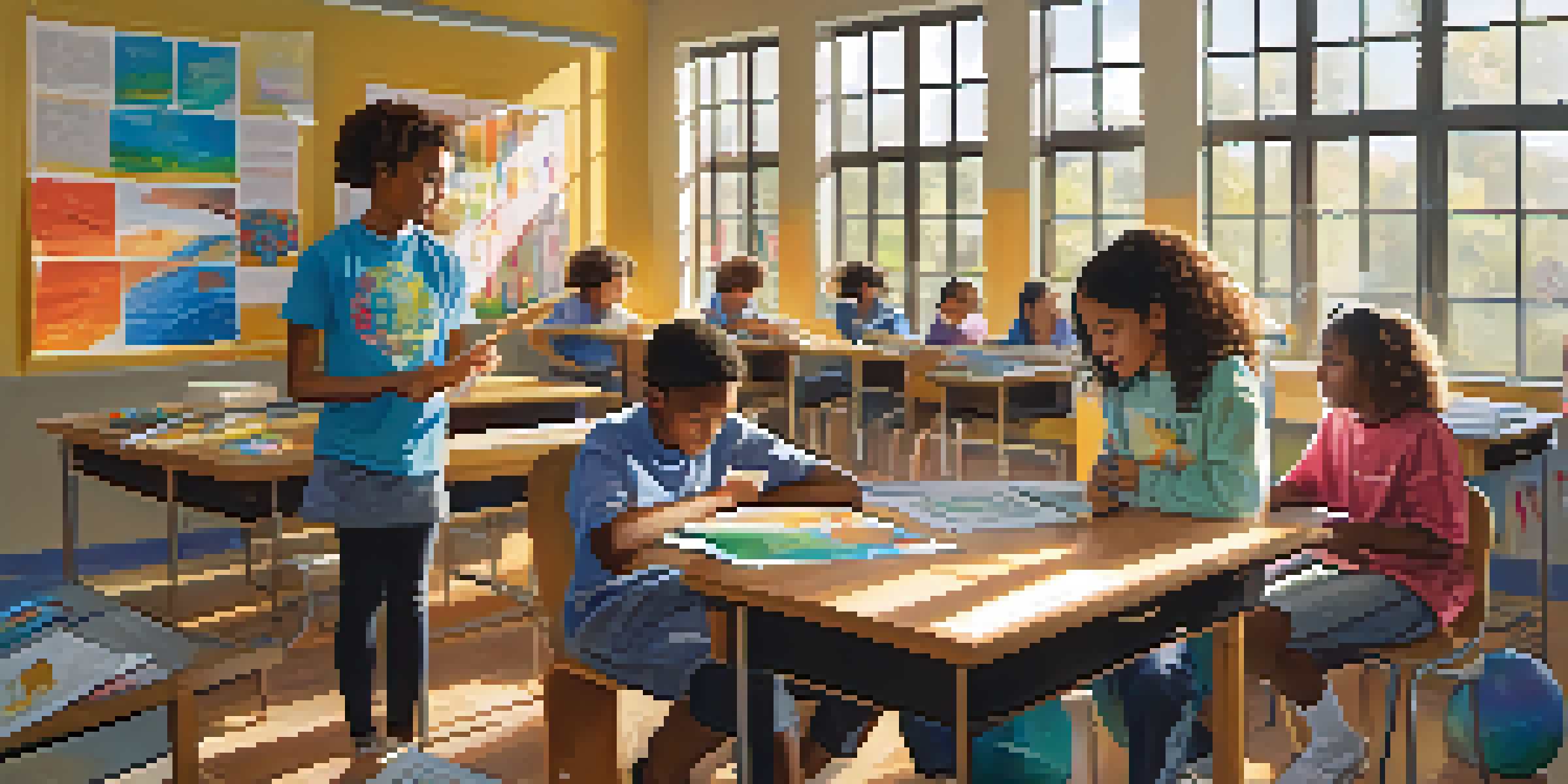A classroom filled with diverse students working together on a science project, with colorful educational materials and sunlight streaming in.