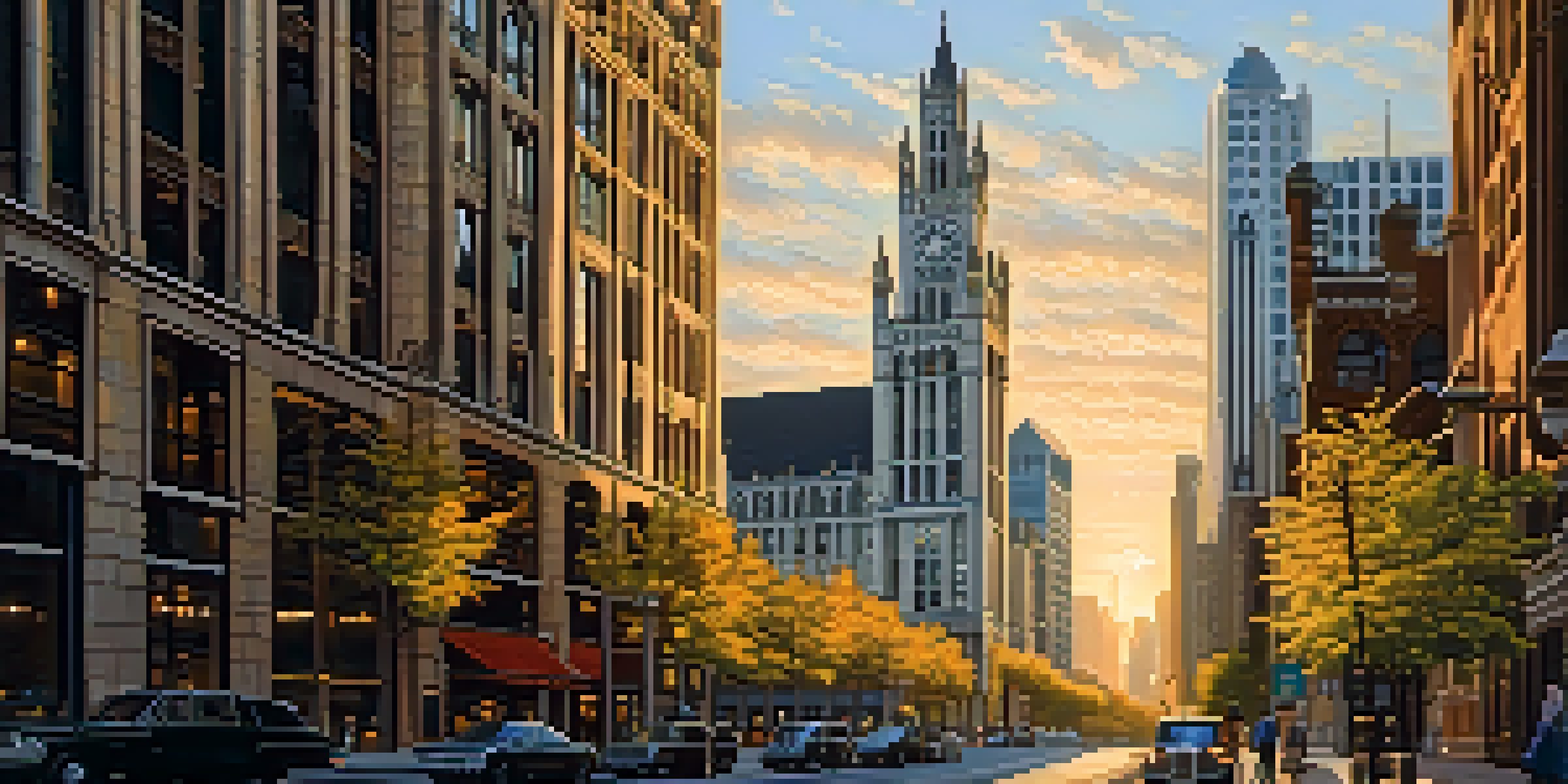 The Tribune Tower in Chicago, highlighting its Gothic Revival architecture with detailed stonework and flying buttresses, illuminated by sunset.