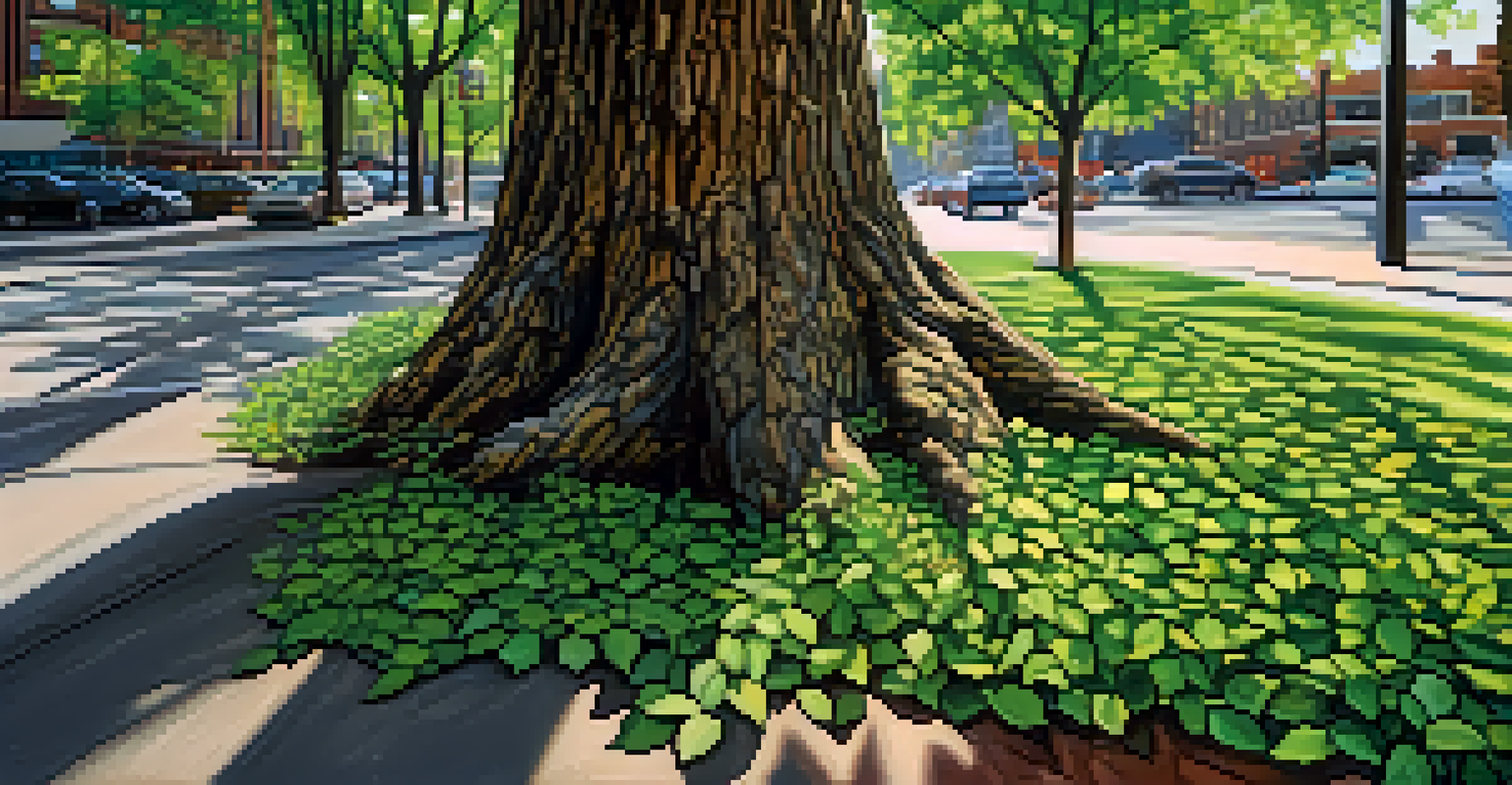 A close-up of a tree in Chicago's urban forest, highlighting its bark and green leaves with sunlight filtering through.