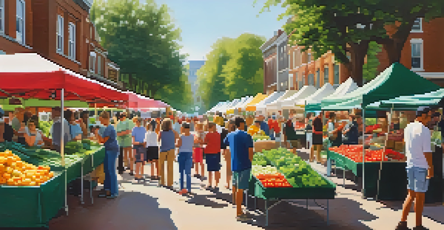 A bustling farmers' market in Hyde Park with colorful stalls, diverse people interacting, and children playing among flowers.