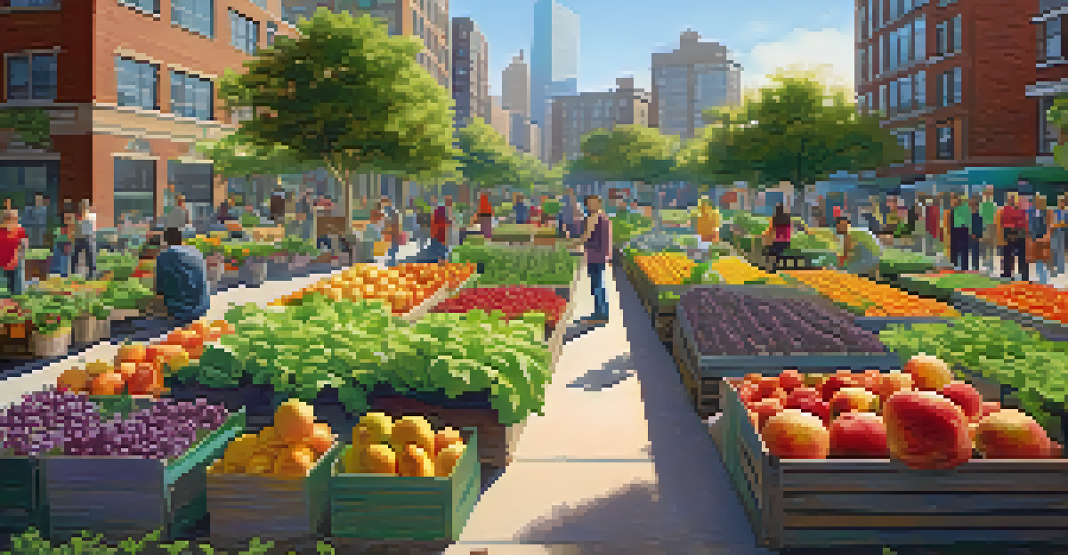 A bustling community garden in the city with people gardening among colorful plants and vegetables under bright sunlight.