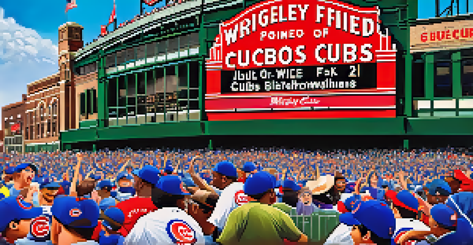 A diverse group of happy Cubs fans celebrating together outside Wrigley Field, embodying community spirit.