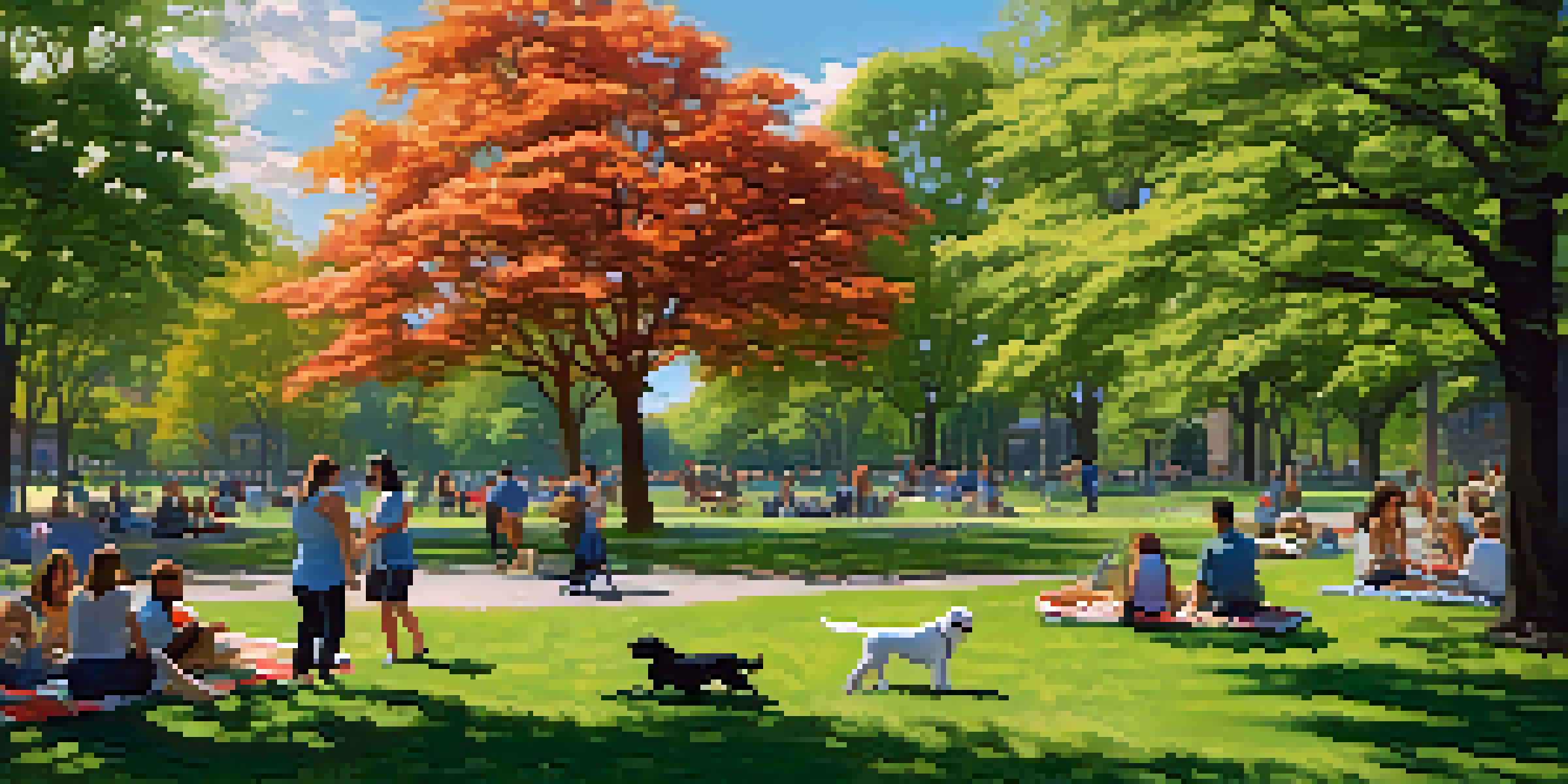 A bright day in Lincoln Park with dogs playing and owners relaxing on picnic blankets amidst lush greenery.