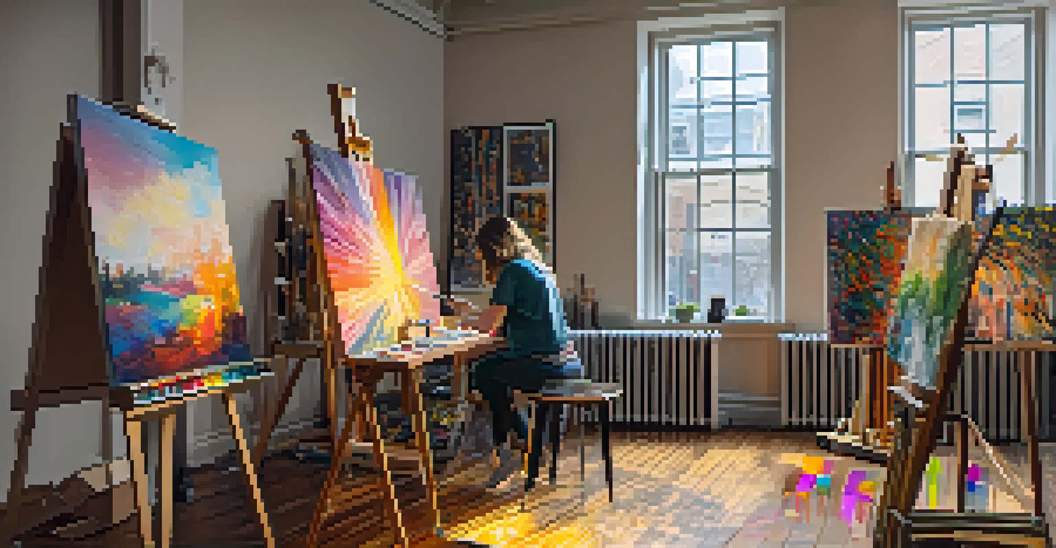 An art studio in Logan Square with an artist painting, surrounded by art supplies and natural light illuminating the space.