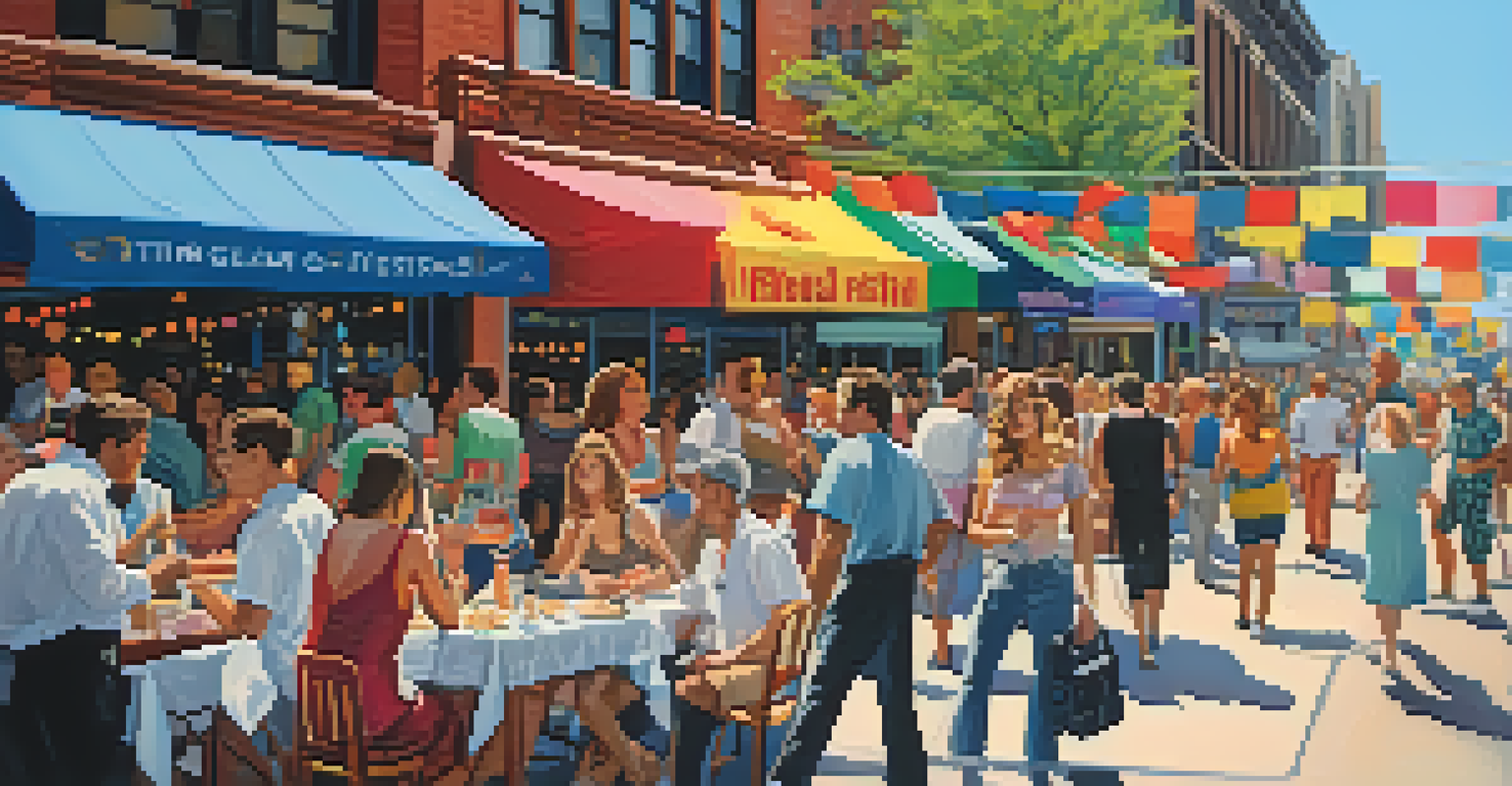 A lively Chicago street scene during film festival season with local businesses decorated and people enjoying outdoor dining.