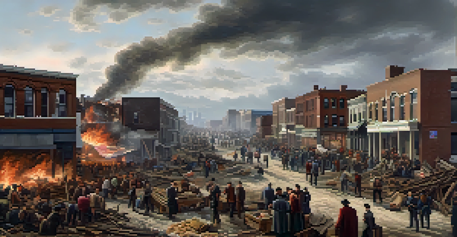 An aftermath scene of the Great Chicago Fire showing ruins and community members providing aid to those affected.