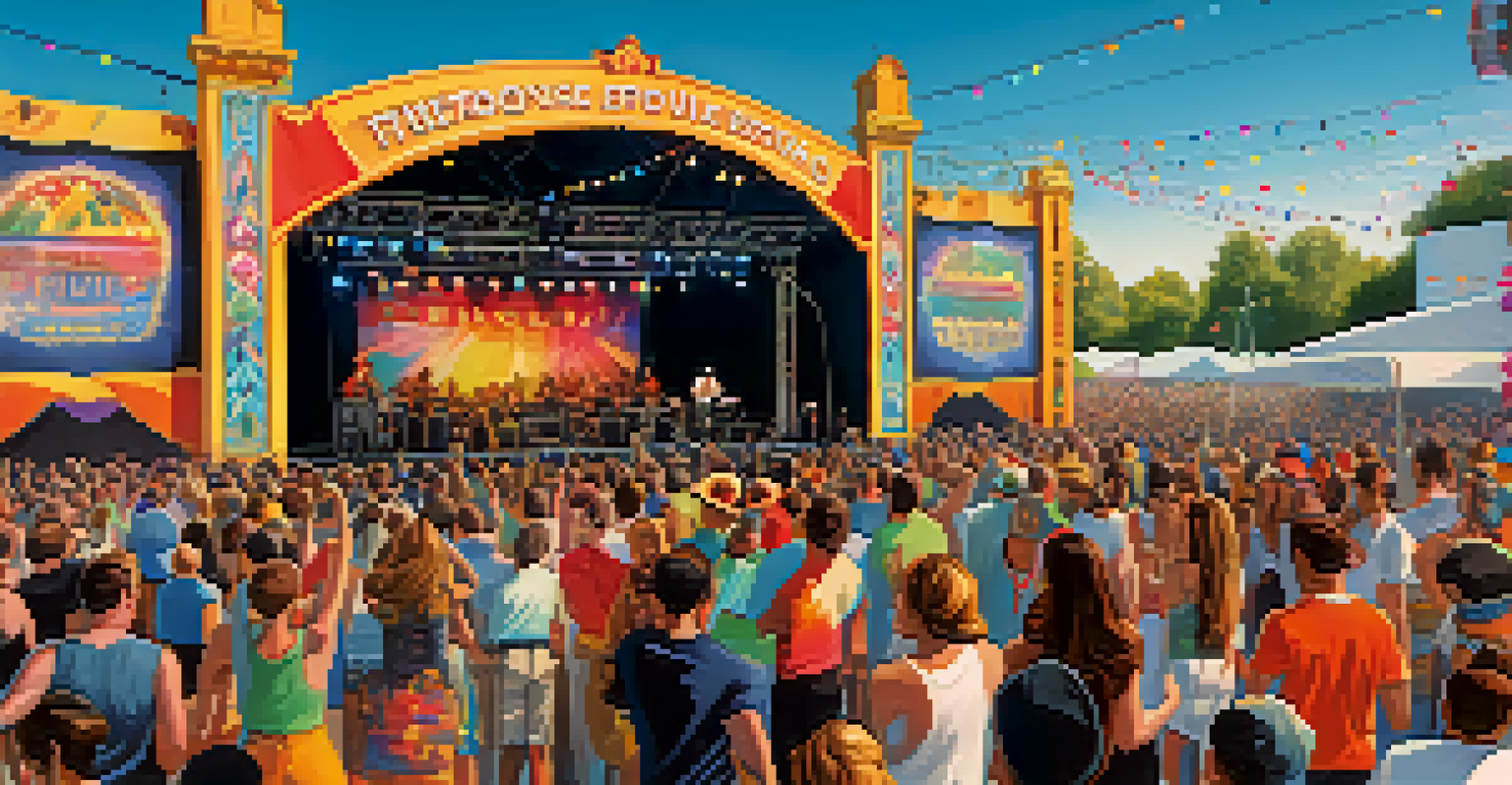 A lively outdoor music festival with a crowd enjoying a house music performance under a clear blue sky.