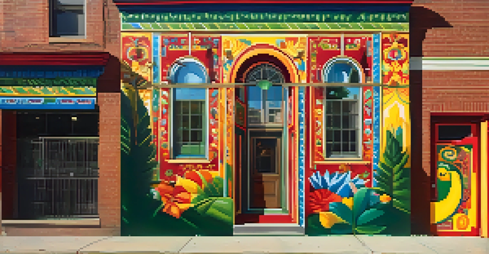 A colorful mural in Pilsen showcasing Mexican heritage with traditional attire and nature elements, illuminated by soft sunlight.
