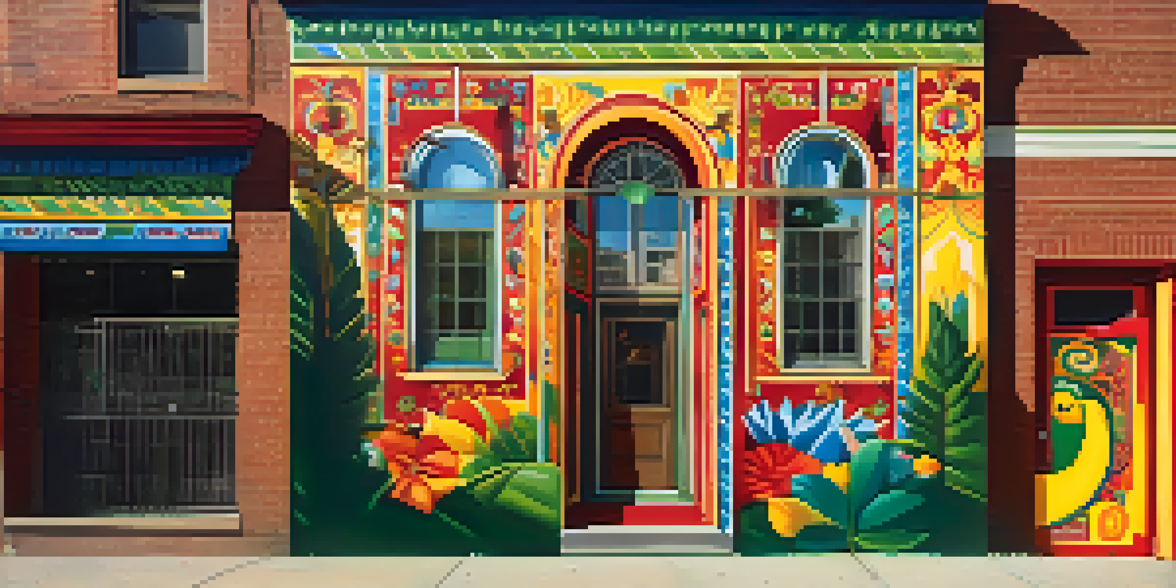 A colorful mural in Pilsen showcasing Mexican heritage with traditional attire and nature elements, illuminated by soft sunlight.