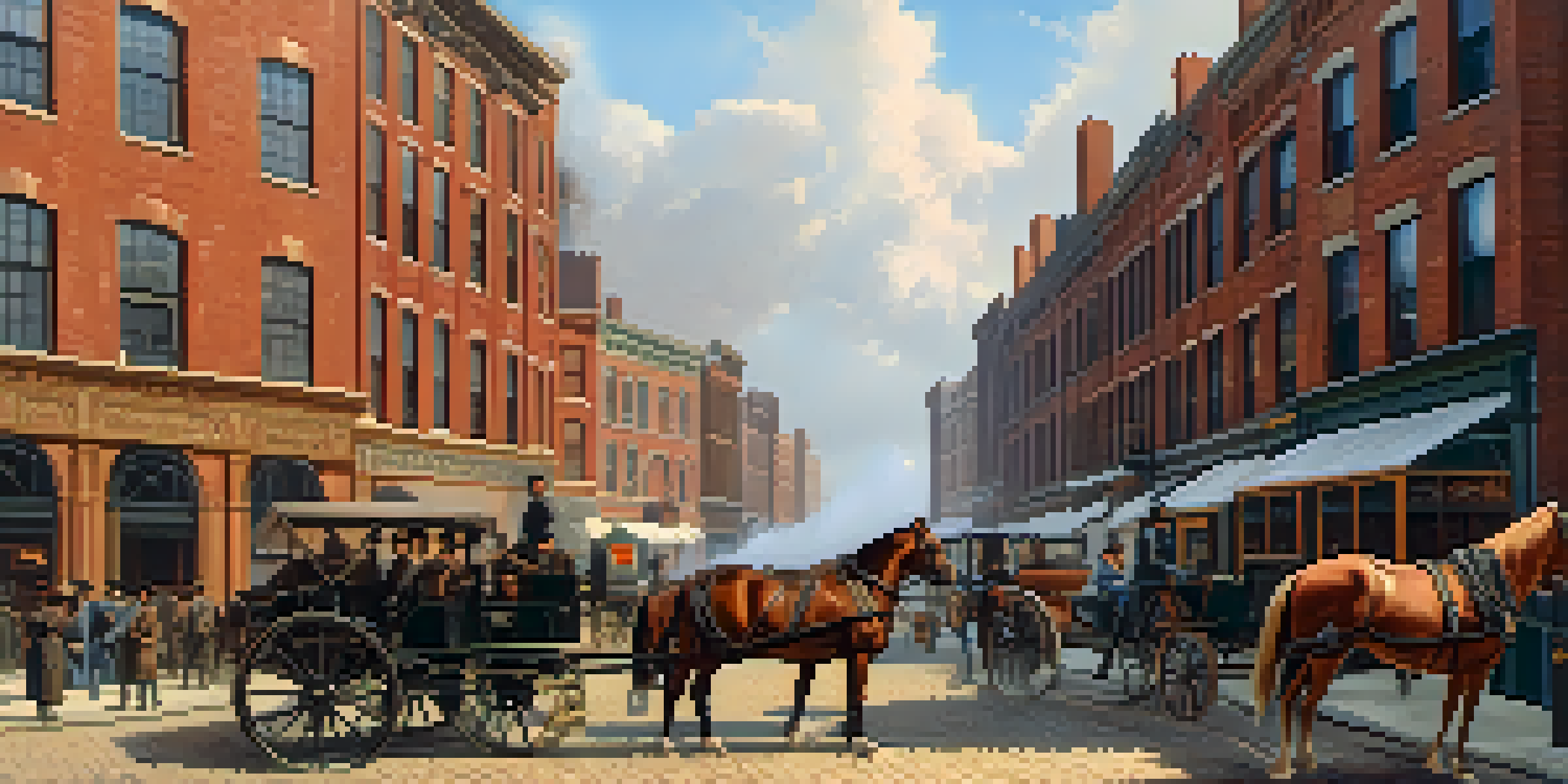 A busy 19th-century Chicago factory scene with workers, horse-drawn carriages, and brick buildings under warm sunlight.