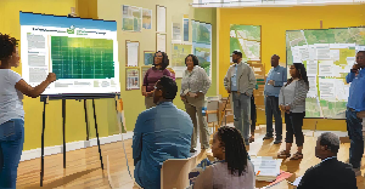 A community workshop in Chicago with residents discussing clean energy initiatives and educational materials.