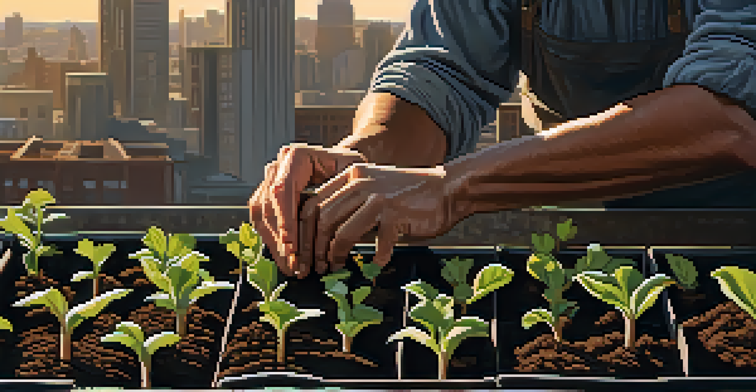 A close-up of a farmer's hands planting seedlings in soil on a rooftop farm, with city buildings in the background.