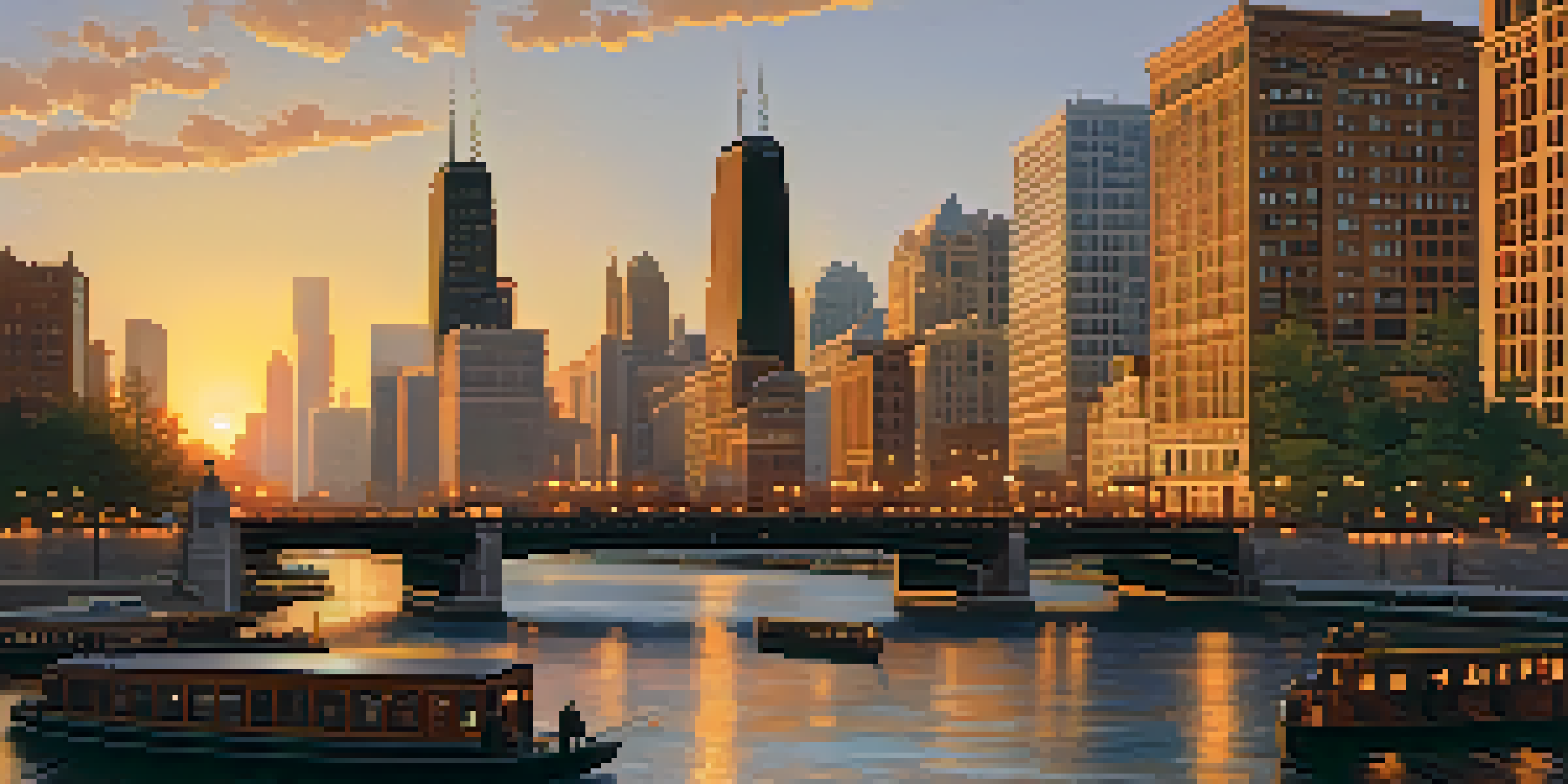 A vibrant sunset over the Chicago skyline with diverse professionals discussing, reflecting the city's economic growth and tech innovation.