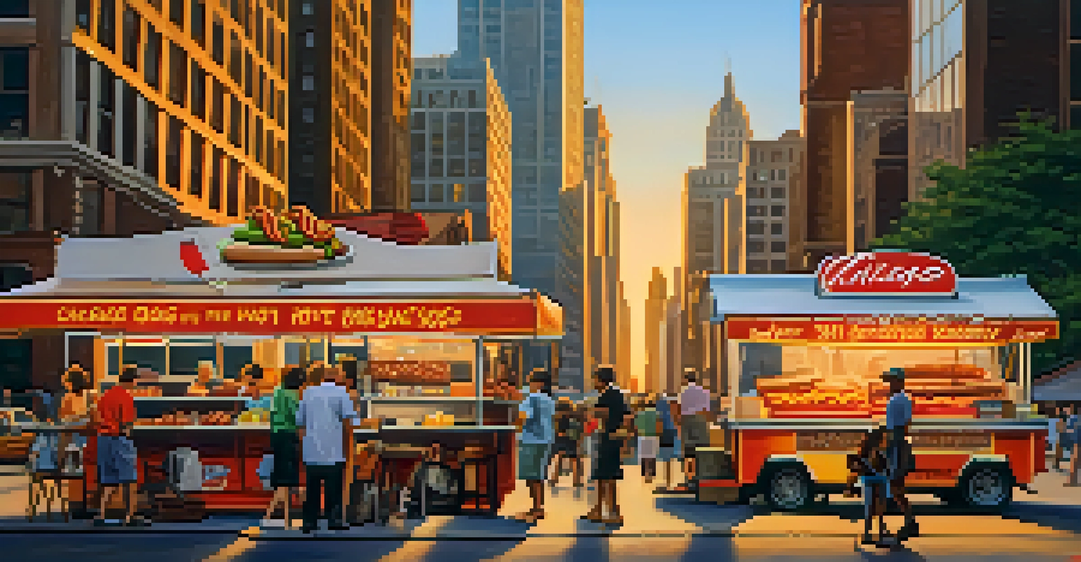 A busy street in Chicago with a hot dog vendor cart and people enjoying hot dogs, with the skyline in the background.