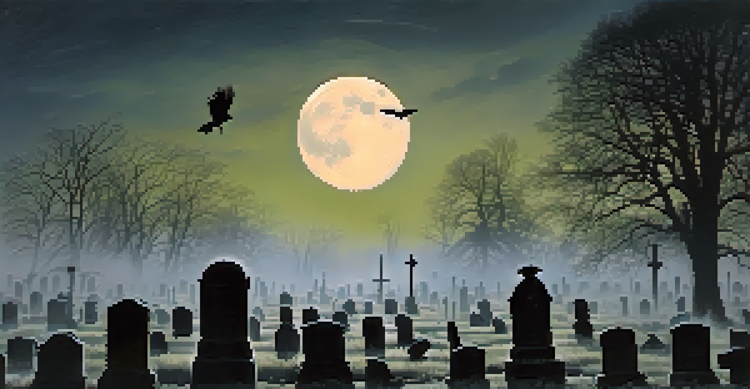 An old cemetery in Chicago illuminated by moonlight, with gravestones, fog, and a silhouette of a crow.