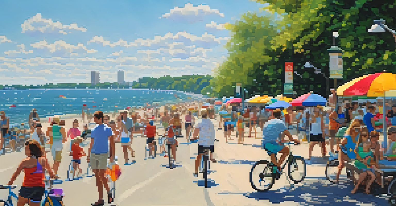 A busy summer day at the Lakefront Trail, with people cycling and relaxing on the beach, with Lake Michigan in the background.