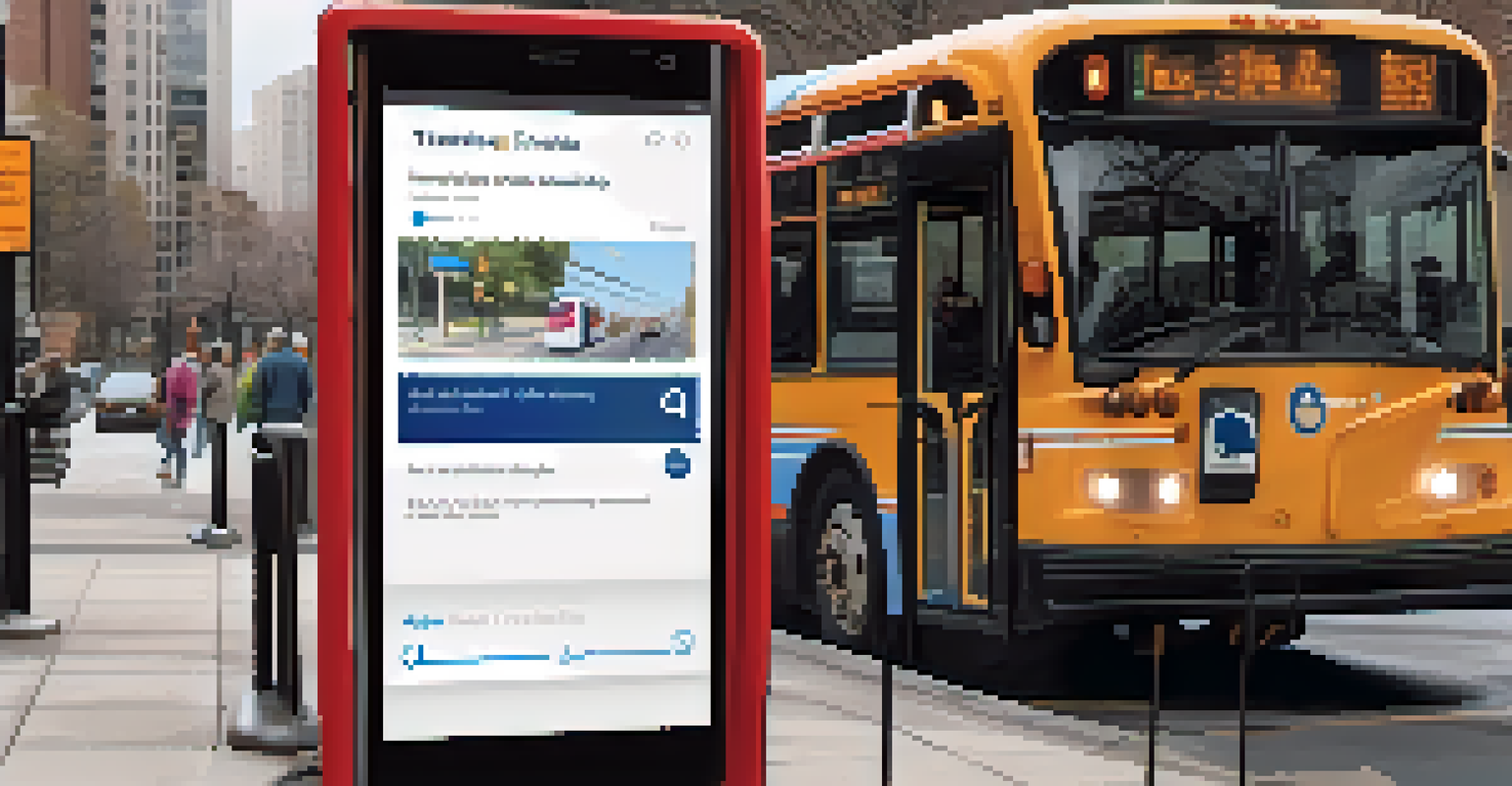 A disabled rider at a bus stop using a mobile app for transit updates, with a friendly bus driver in the background and clear signage.
