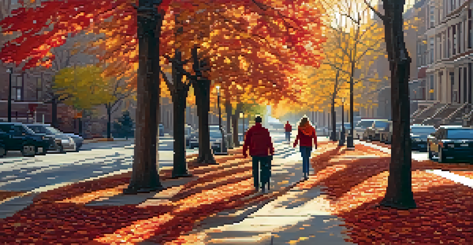 An autumn scene in Chicago, featuring colorful trees, a couple walking, and historic buildings in the background.