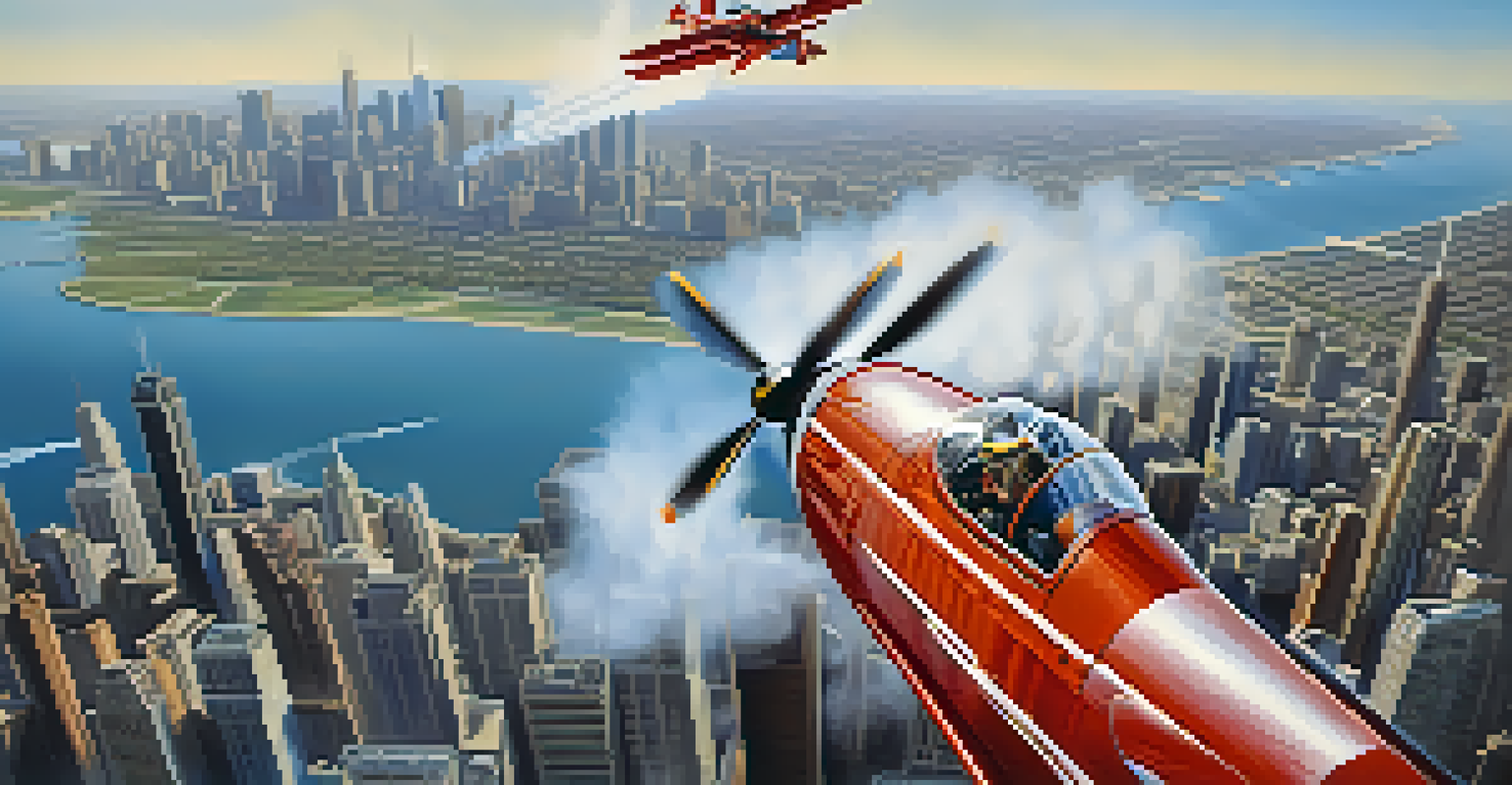 A close-up of a pilot flying an aerobatic aircraft performing a loop, with the Chicago skyline blurred in the background.
