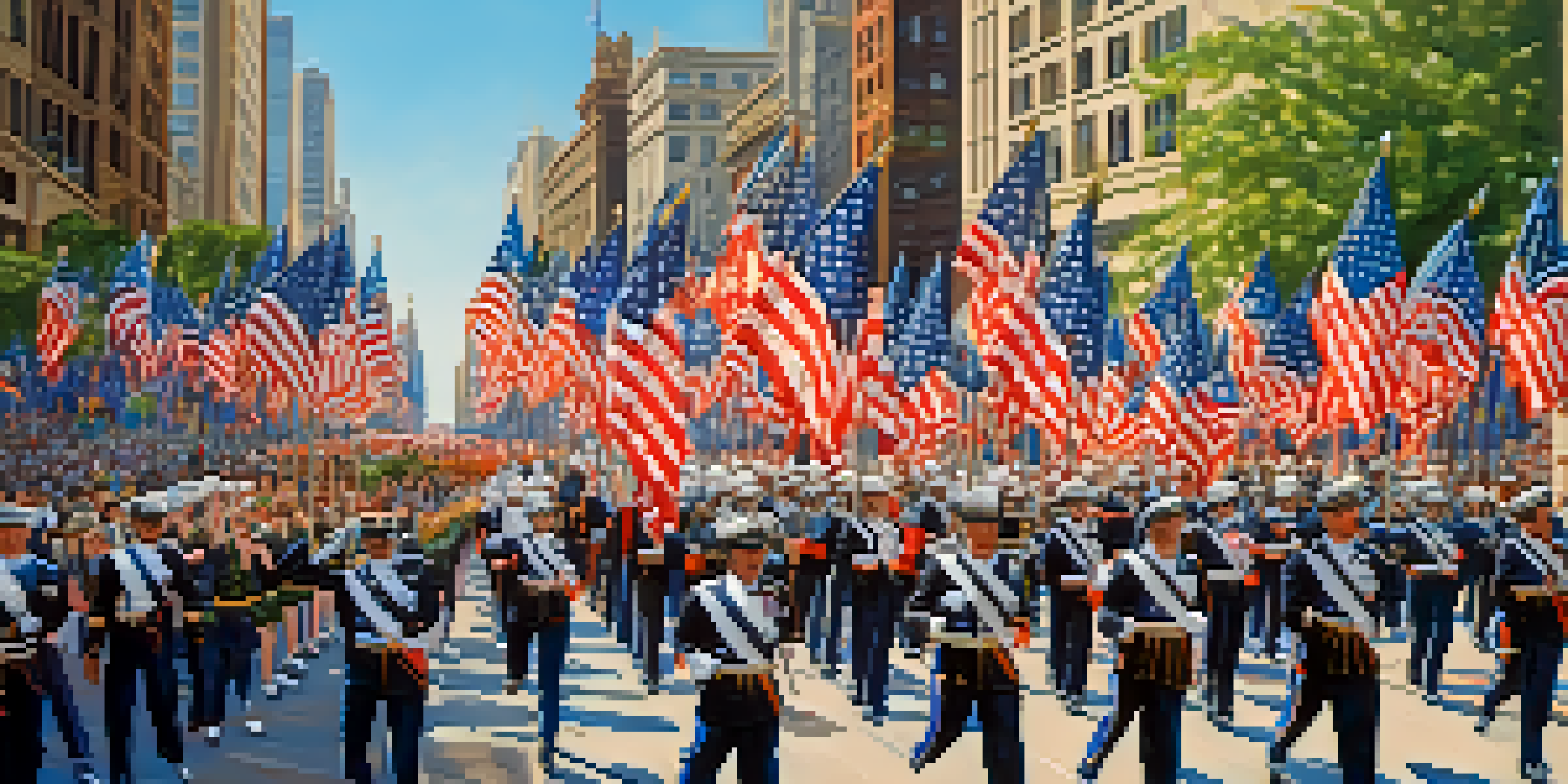A lively Memorial Day parade in Chicago with marching bands, veterans, and colorful floats, surrounded by excited spectators waving flags.