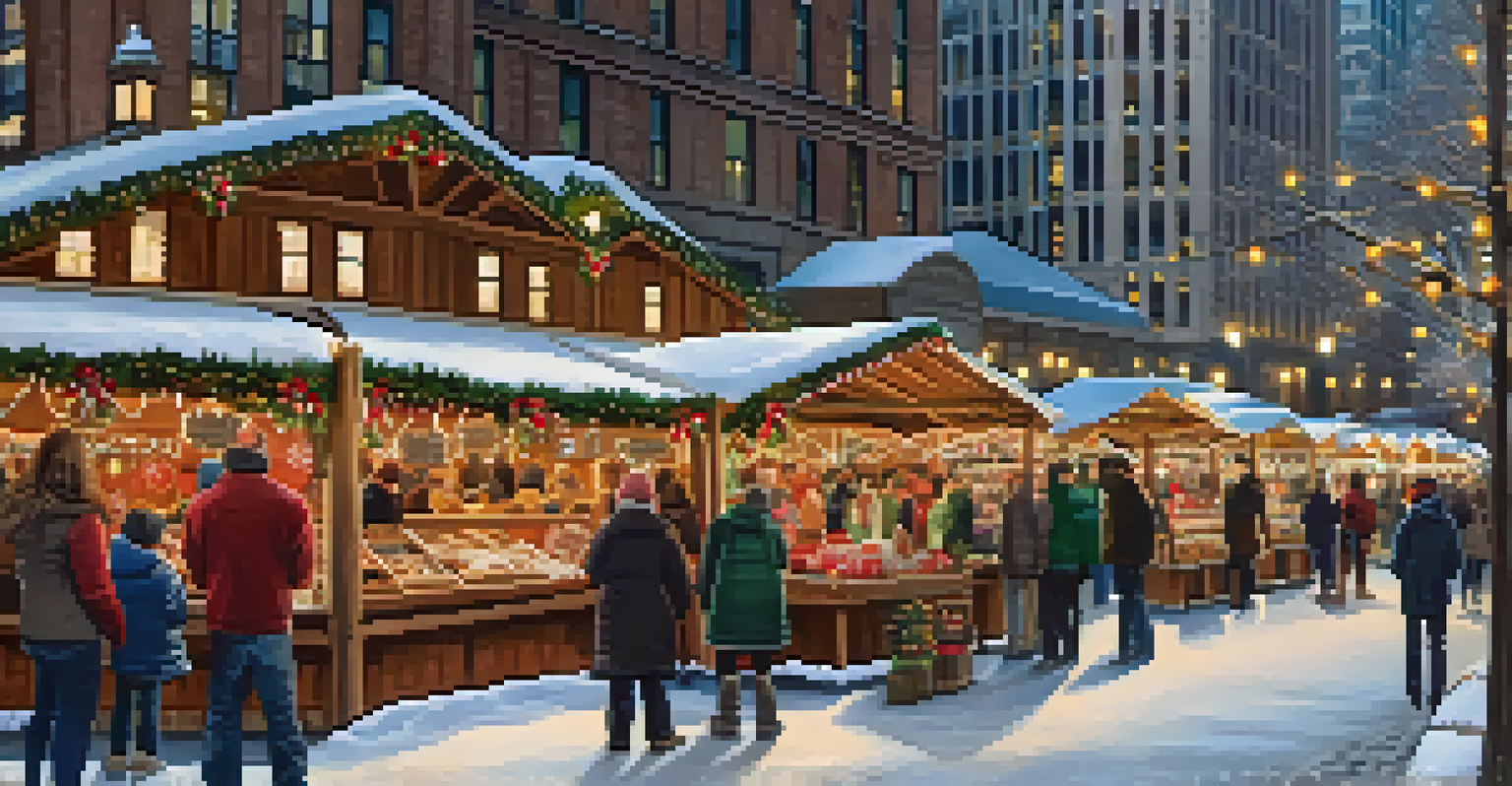 Families enjoying the holiday atmosphere at the Christkindlmarket in Daley Plaza, with stalls selling crafts and festive food.